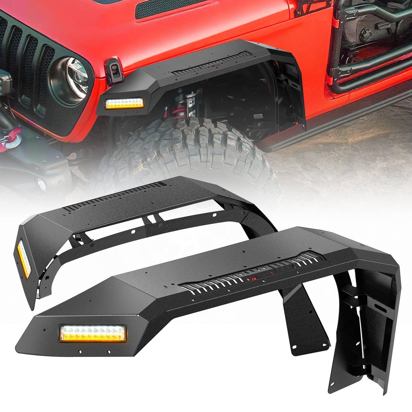 2018 2019 2020 2021 2022 2023 2024 2025 Jeep Wrangler JL & JLU Unlimited 2/4Doors (No fit 2020+ Gladiator JT) Wide Flat Front Fender Flares w/LED Lights Turn Signal Lights DRL Headlights - Top Tuning Boost