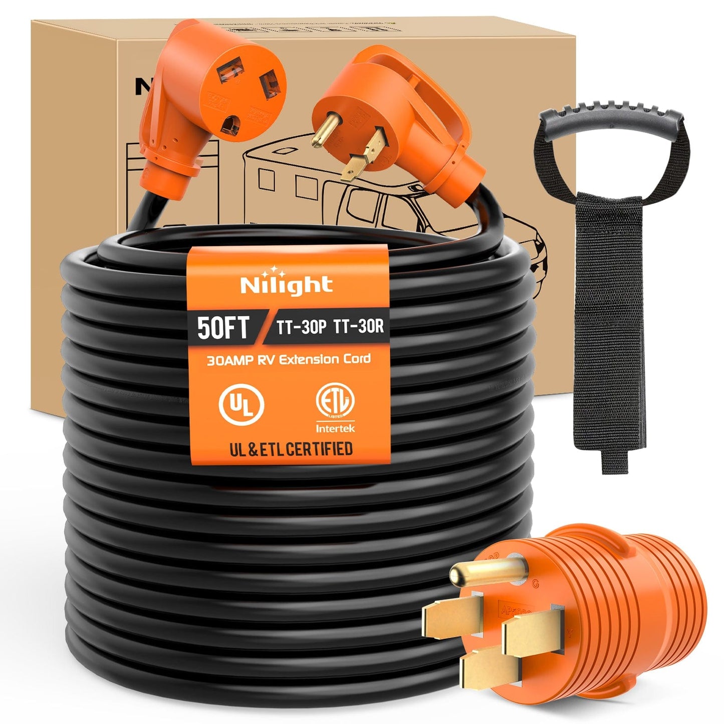RV Parts 50FT 30 Amp RV Extension Cord with Adapter 50Amp to 30Amp 125V Heavy Duty 10/3 Gauge Pure Copper STW Wire UL ETL Listed 3 Prong TT-30P TT-30R Weatherproof Suit for Generators Campers