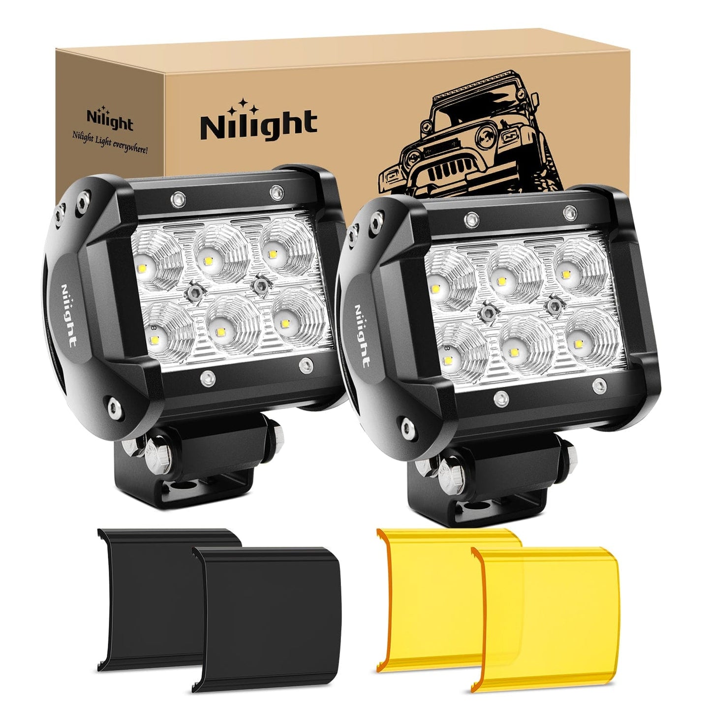 LED Light Bar 4 Inch 18W 1260LM Flood Led Pods with Amber/Black Covers (Pair)