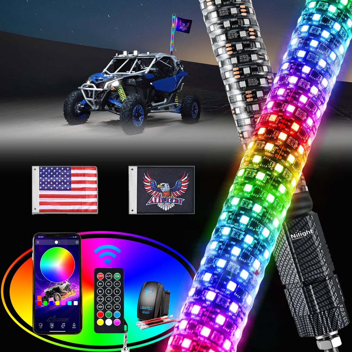 1Pc 3FT Spiral Antenna Bluetooth Remote App Control Led Fat Whip Light Headlights - Top Tuning Boost