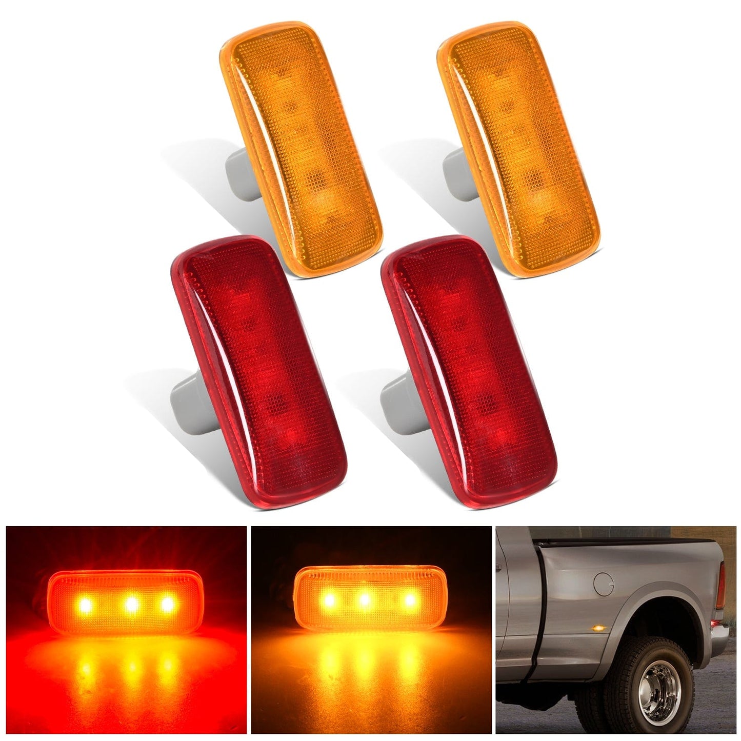 4 PCS 3 LED Red Amber Wheel Fender Side Marker Lights Compatible With 2010-2018 Dodge Ram 2500 3500 Super Duty Headlights - Top Tuning Boost
