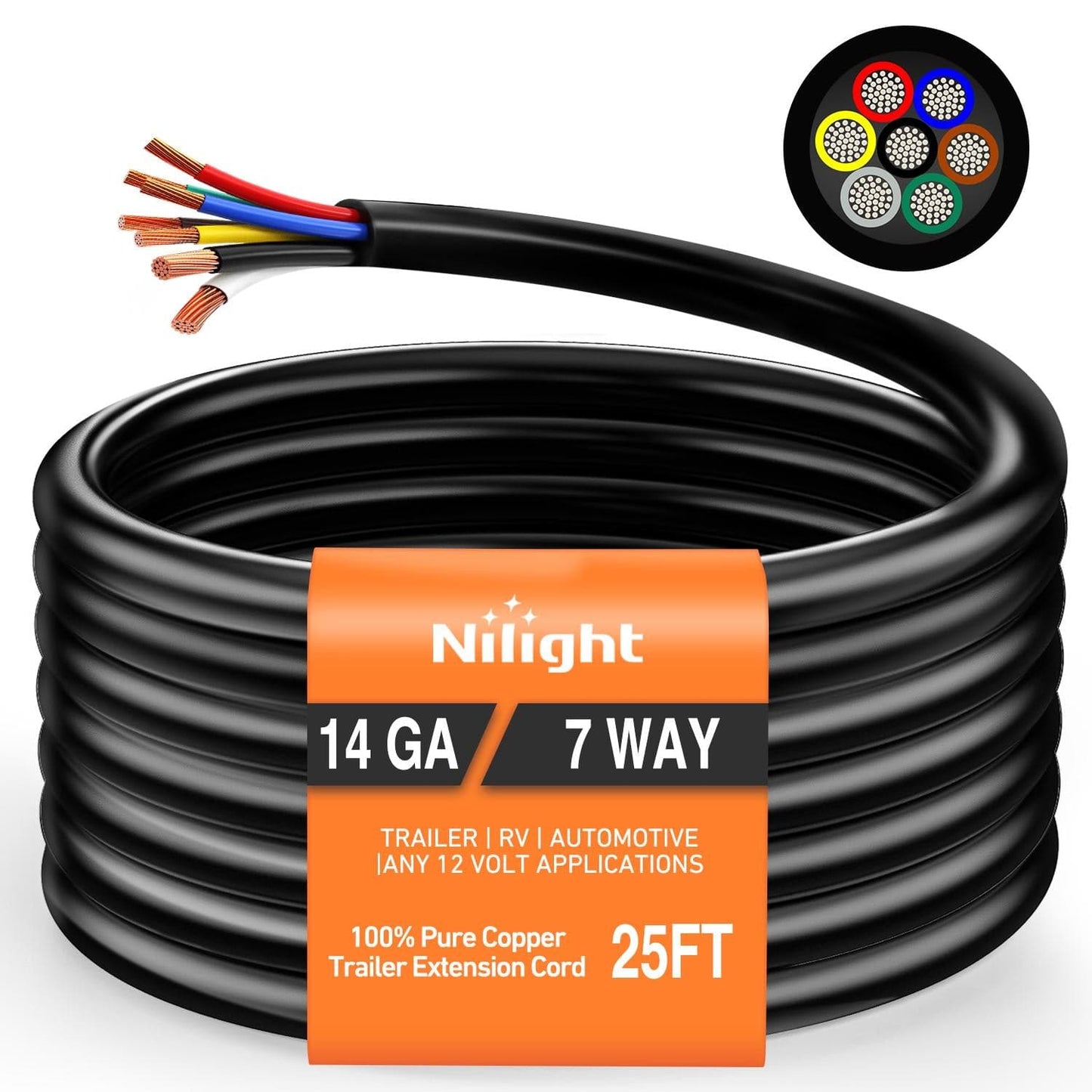 Wiring Harness Kit 25 Feet 7 Way Trailer Extension Cable RV Standard Wire 14 Gauge 7 Conductor 100% Pure Copper Insulated Heavy Duty Cord Weatherproof for 7 Pin Blade Truck Camper RV Automotive
