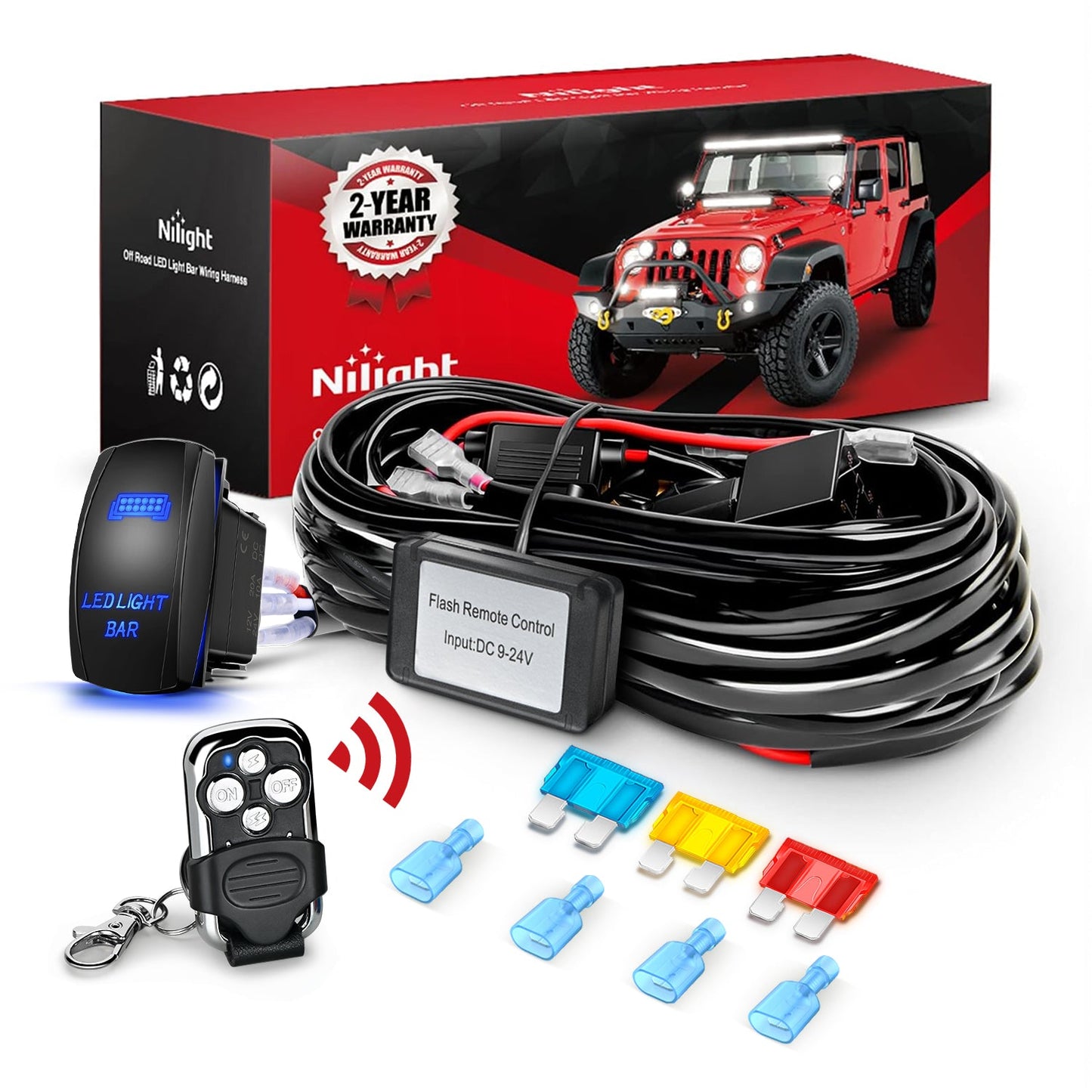 Remote Wiring Harness for LED Light Bar Wireless Strobe Flash Work Driving Lights 12V 20A 14AWG Controller 5PIN Switch Waterproof Power Relay Blade Fuse-1 Lead Light Bars - Top Tuning Boost