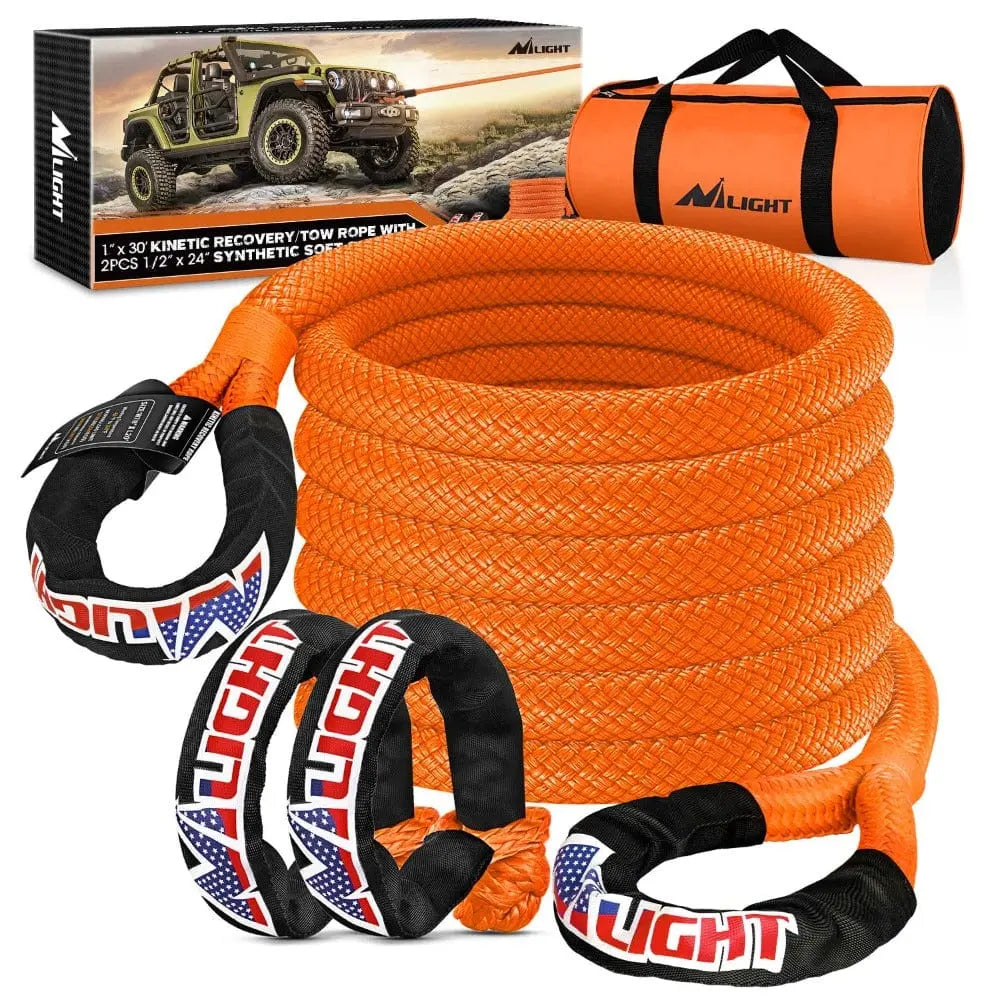 Tie Down Straps 1In x 30FT Kinetic Recovery Rope & 2PCS 1/2In x 24In Soft Shackle