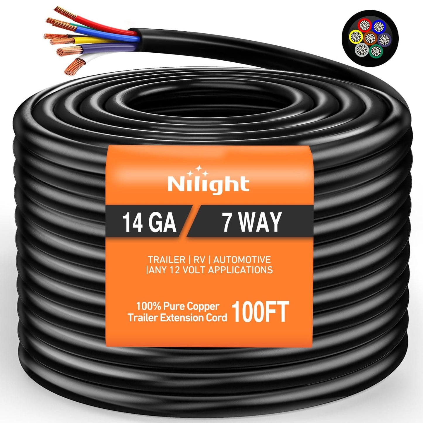 Wiring Harness Kit 100 Feet 7 Way Trailer Extension Cable Traditional SAE 14 Gauge 7 Conductor 100% Pure Copper Wire Insulated Heavy Duty Cord Weatherproof for 7 Pin Blade RV Automotive
