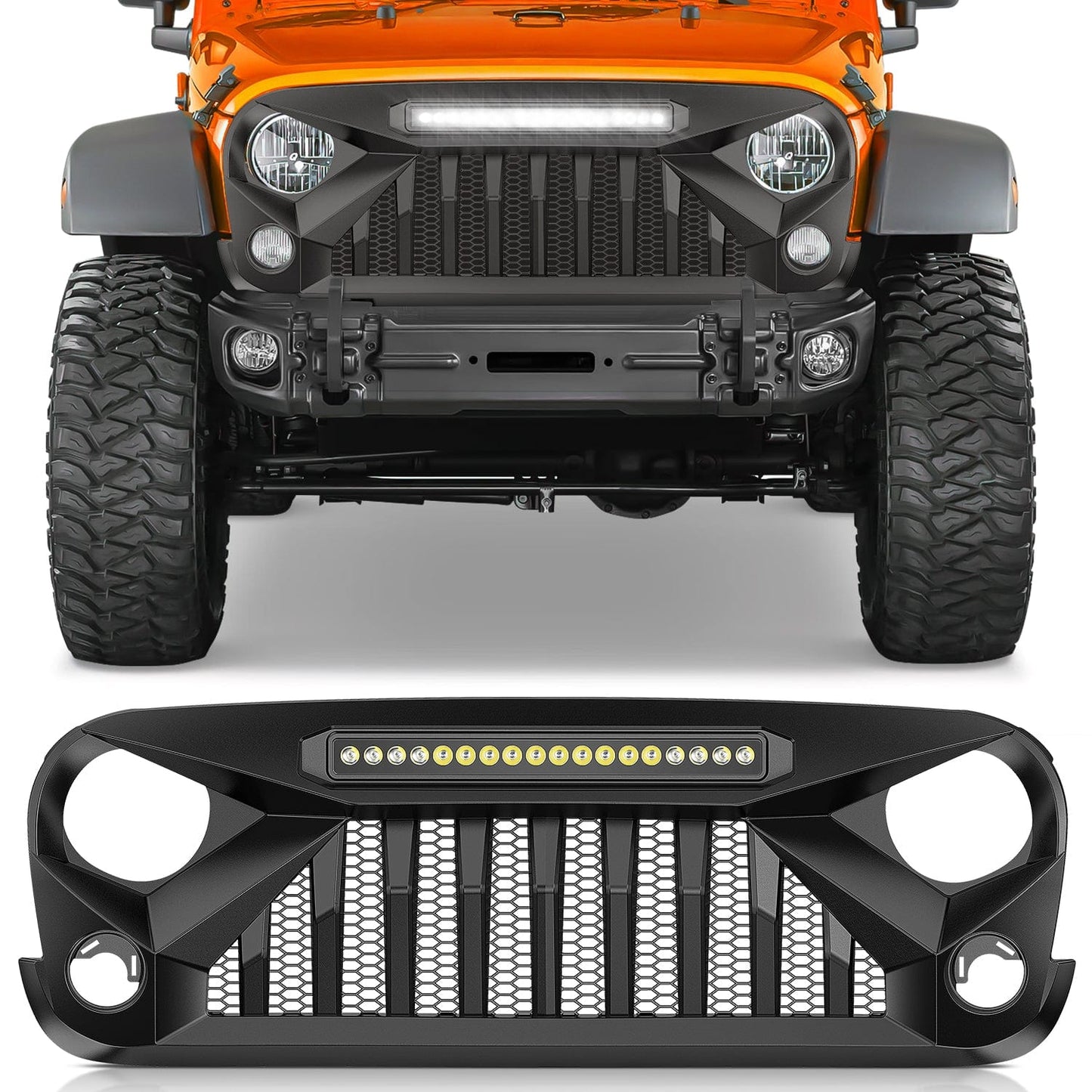 Front Bumper Grill Cover for 2007 2008 2009 2010 2011 2012 2013 2014 2015 2016 2017 2018 Wrangler JK/JKU Rubicon, & Sahara Sport with LED Work Light Pods Matte Black Headlights - Top Tuning Boost