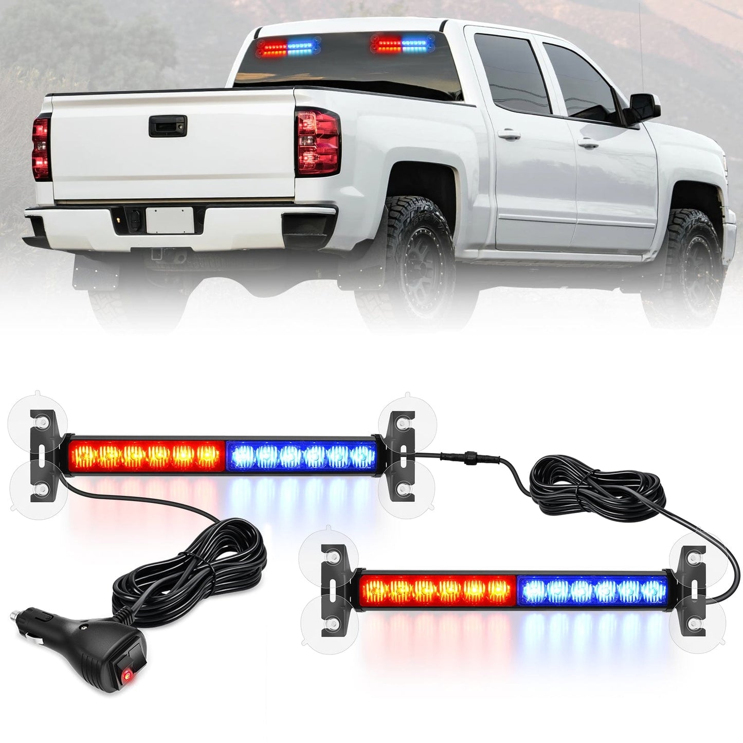 24LED Emergency Strobe Traffic Advisor Light Bar 2 in 1 Red Blue Dash Warning Safety Flashing Lights Front/Rear Windshield Construction Lights for Trucks Cars Plow Police Firefighter Vehicles Light Bars - Top Tuning Boost