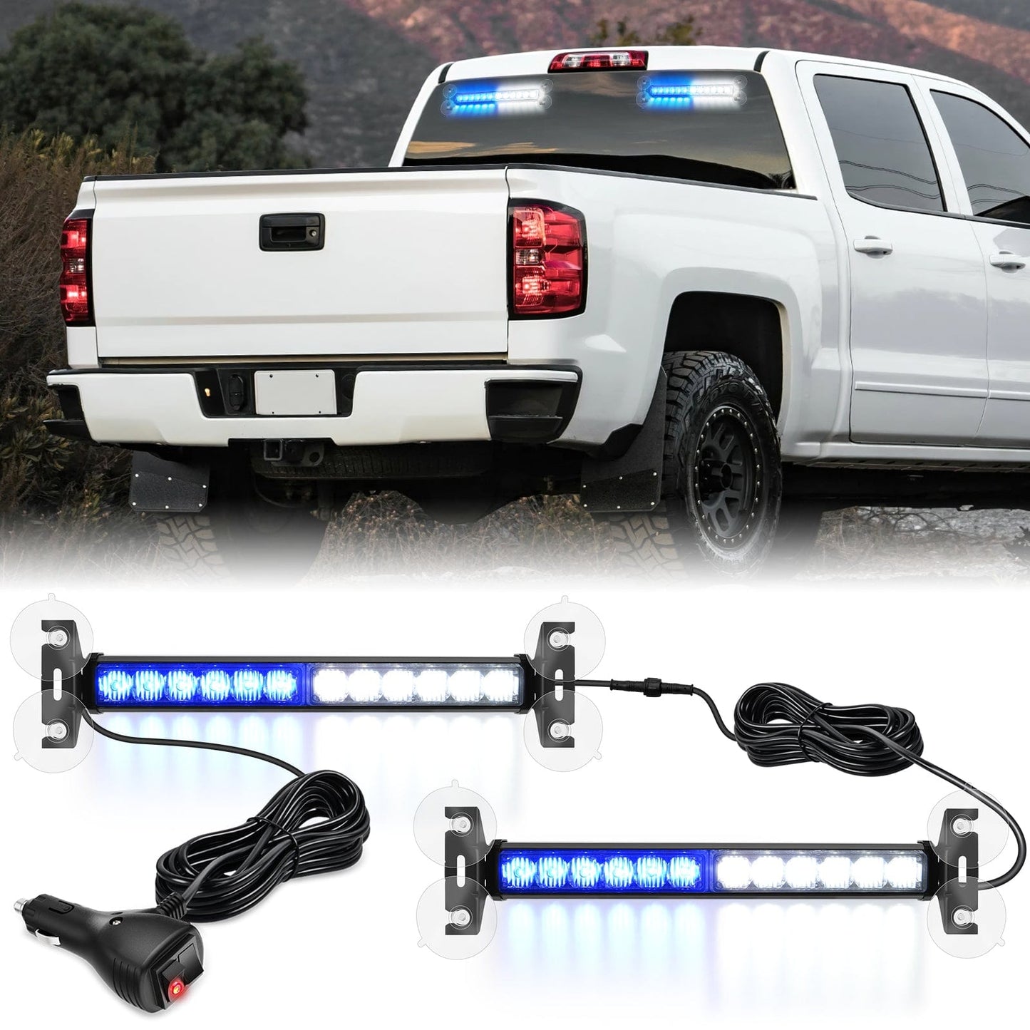 24LED Emergency Strobe Traffic Advisor Light Bar 2 in 1 Blue White Dash Warning Safety Flashing Lights Front/Rear Windshield Construction Lights for Trucks Cars Plow Police Vehicles Light Bars - Top Tuning Boost