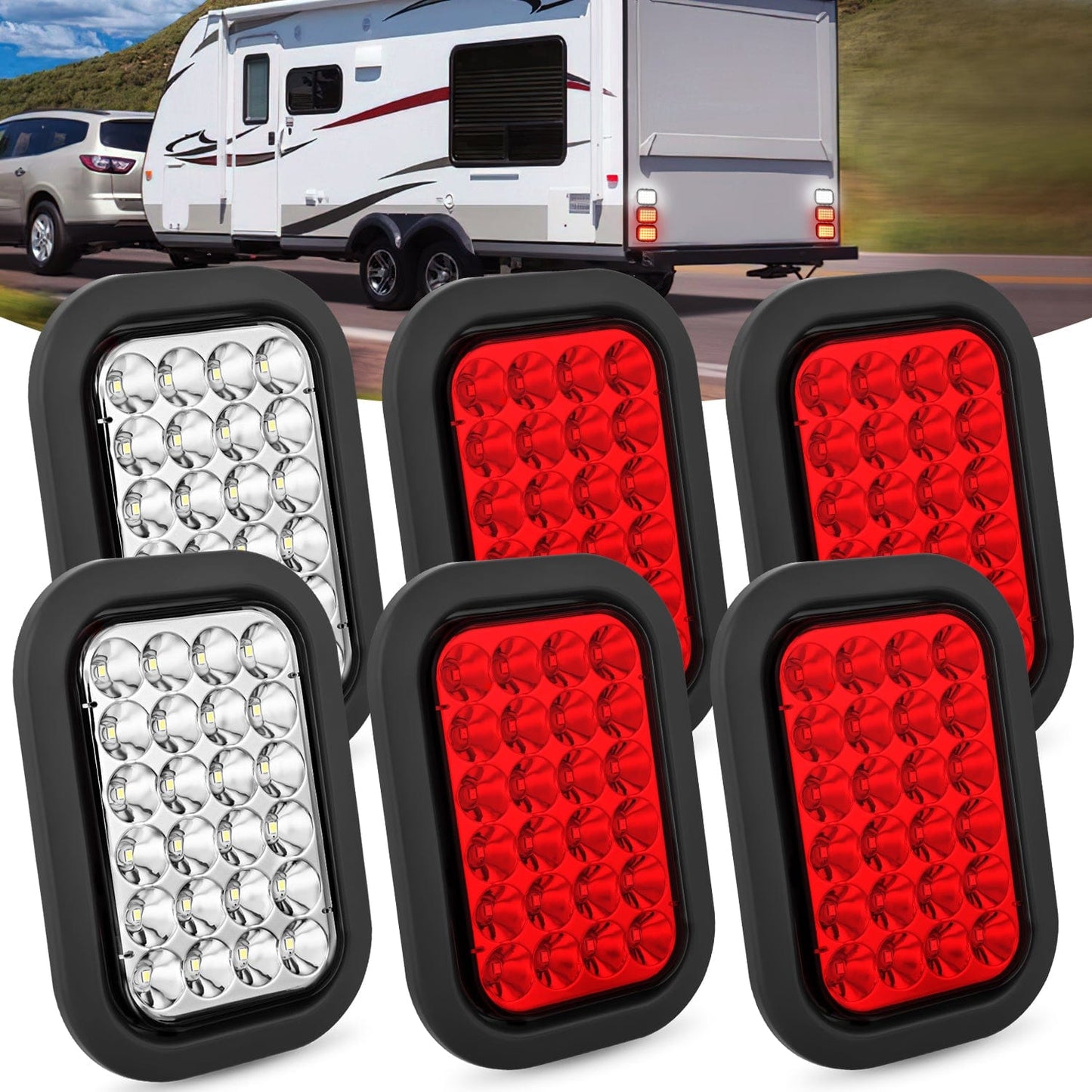 6 Pcs 5 X 3 Inch 24 Led Red & White Rectangular Trailer Tail Light Tail Lights - Top Tuning Boost