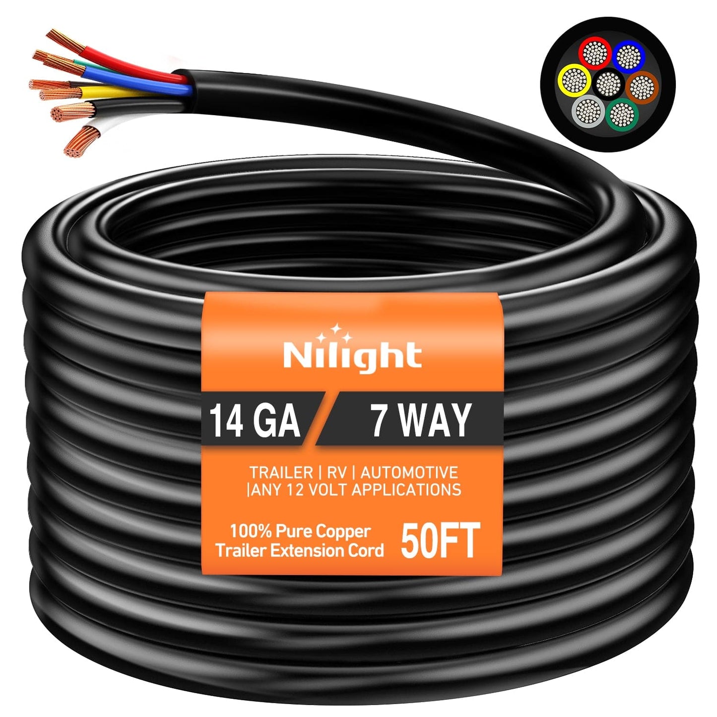Wiring Harness Kit 50 Feet 7 Way Trailer Extension Cable RV Standard Wire 14 Gauge 7 Conductor 100% Pure Copper Insulated Heavy Duty Cord Weatherproof for 7 Pin Blade Truck Camper RV Automotive