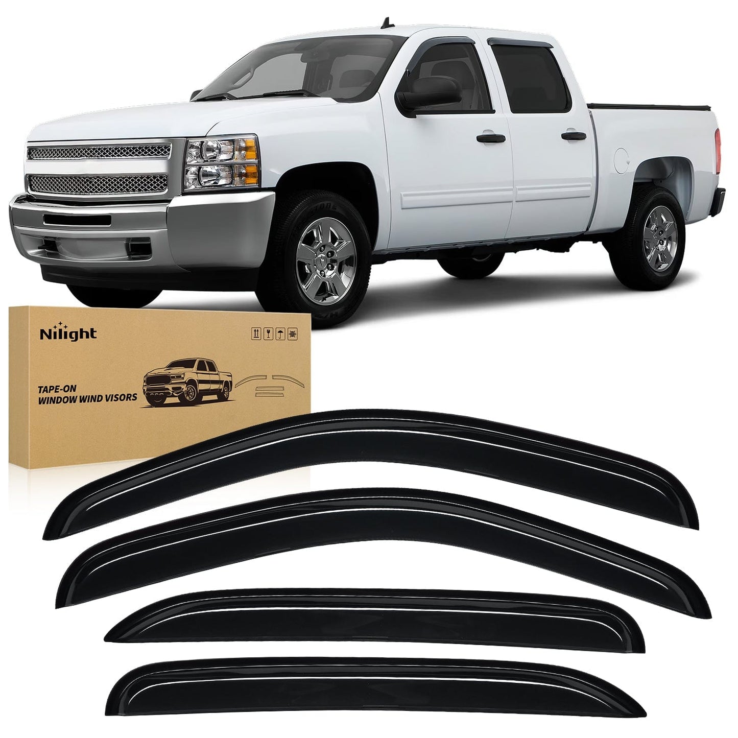 Rain Guards Tape-On Rain Guards for Chevy Silverado 1500 Crew Cab 2007 2008 2009 2010 2011 2012 2013, Window Visors Vent Wind Deflectors-4PCS