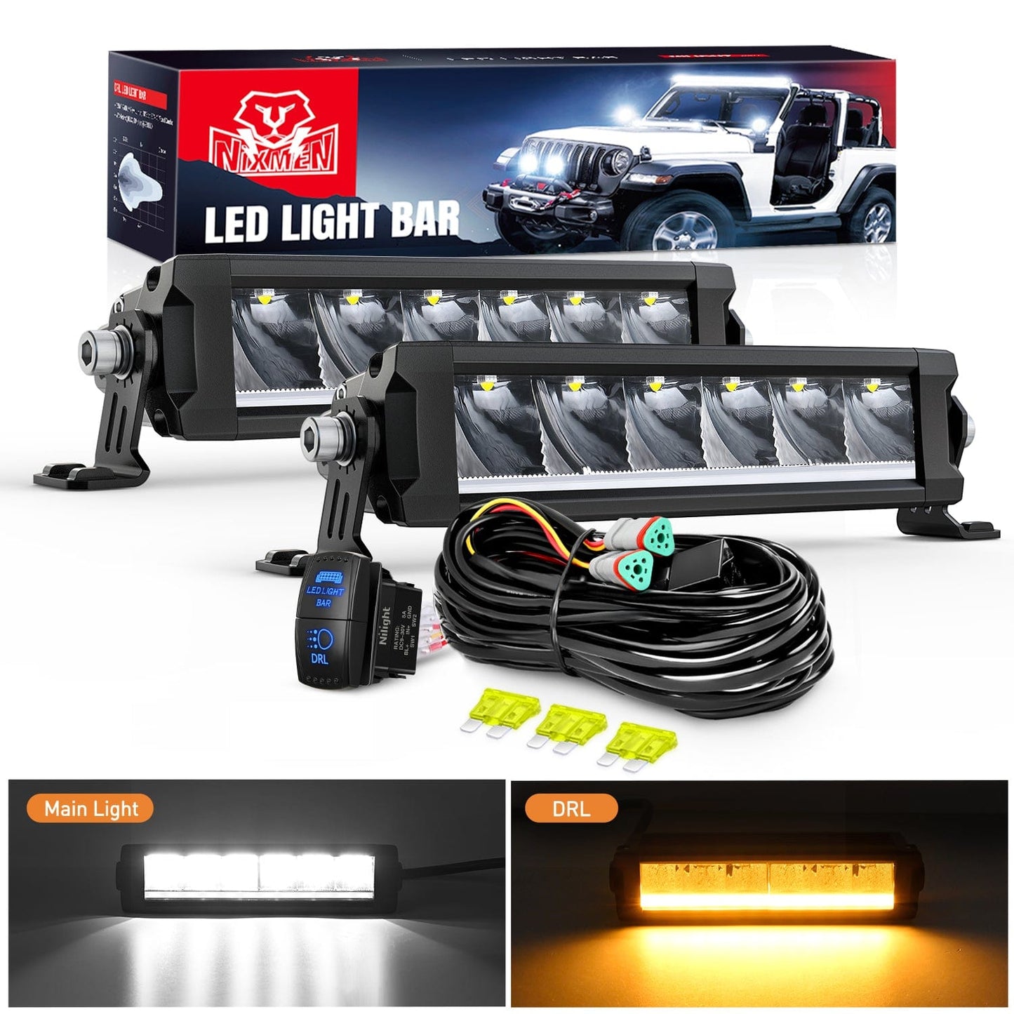 LED Light Bar with Amber DRL 2 PCS 30 W 9 Inch Single Row Slim 3365 LM Anti-Glare Spot Beam IP68 Offroad Driving Lights w/ 16AWG DT Wiring Kit for Pickup Truck SUV ATV UTV Boat 4x4 Jeep Light Bars - Top Tuning Boost