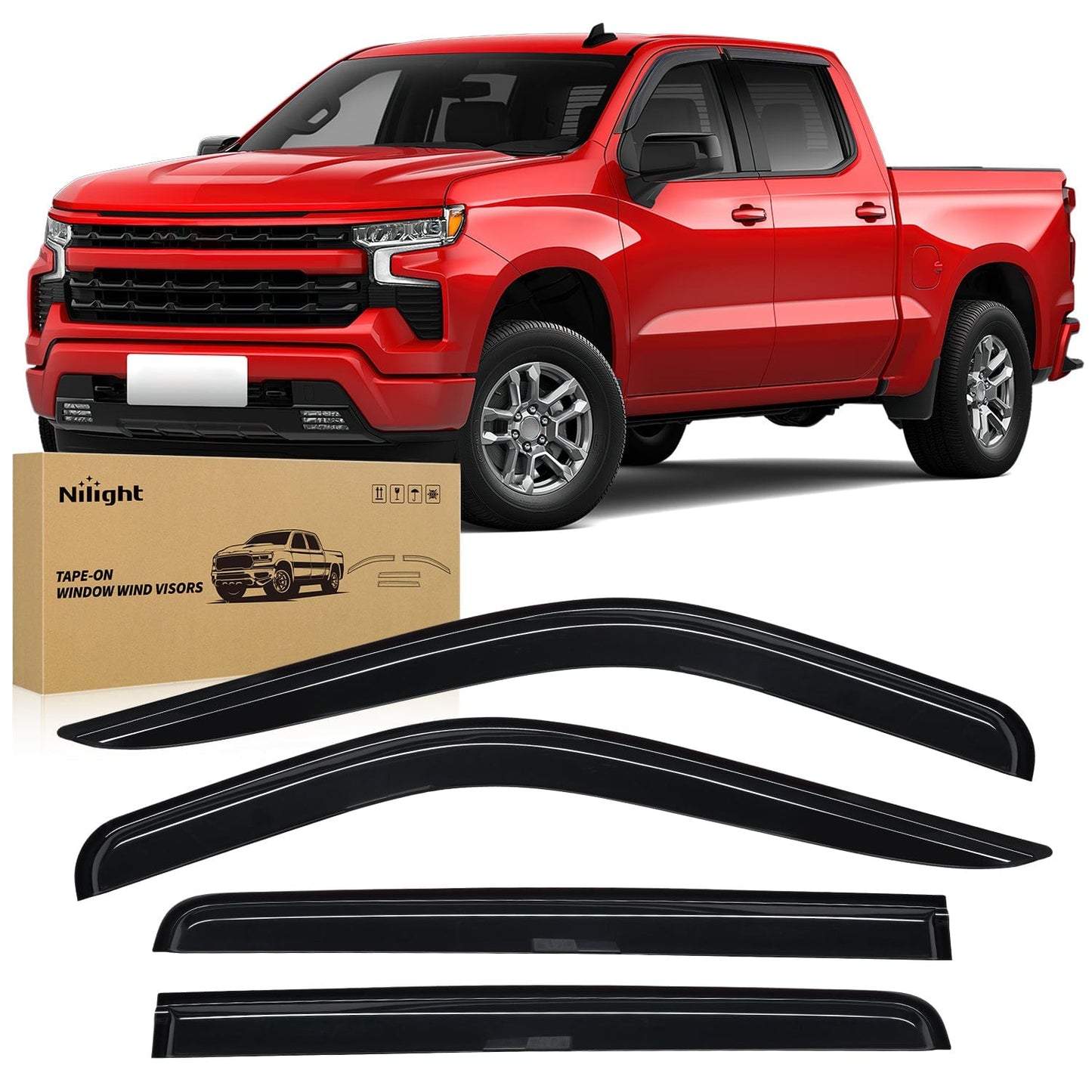 Rain Guards Tape-On Rain Guards for Chevy Silverado/GMC Sierra 1500 Crew Cab 2019-2024, Window Visors Vent Wind Deflectors-4PCS