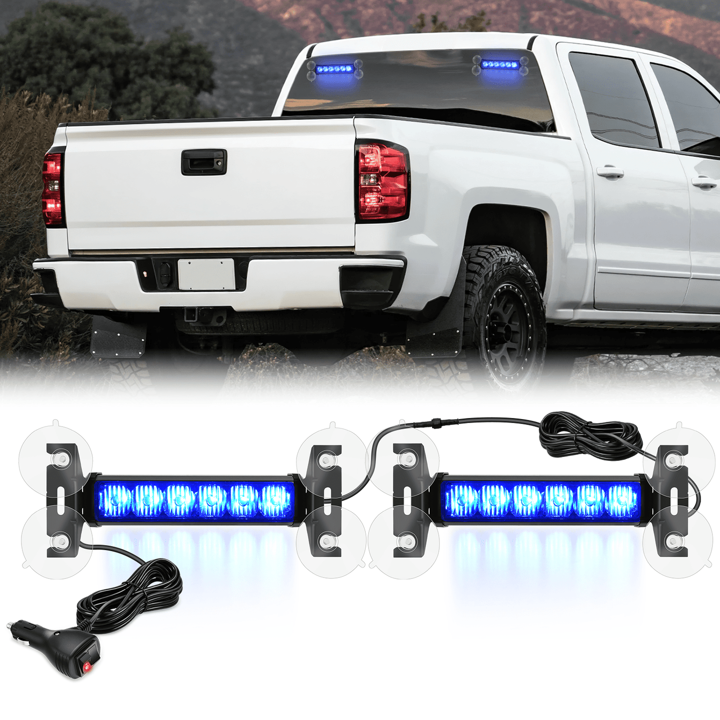 12LED Emergency Strobe Traffic Advisor Light Bar 2 in 1 Blue Dash Warning Safety Flashing Lights Front/Rear Windshield Construction Lights for Trucks Cars Plow Police Firefighter Vehicles Light Bars - Top Tuning Boost
