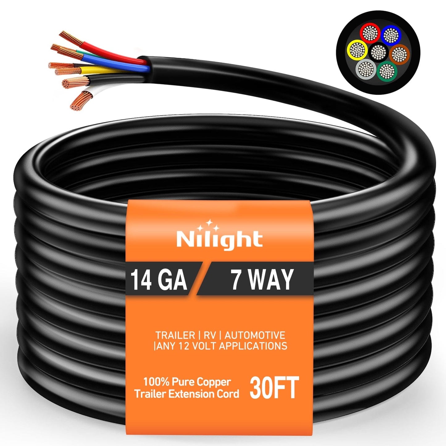 Wiring Harness Kit 30 Feet 7 Way Trailer Extension Cable RV Standard Wire 14 Gauge 7 Conductor 100% Pure Copper Insulated Heavy Duty Cord Weatherproof for 7 Pin Blade Truck Camper RV Automotive