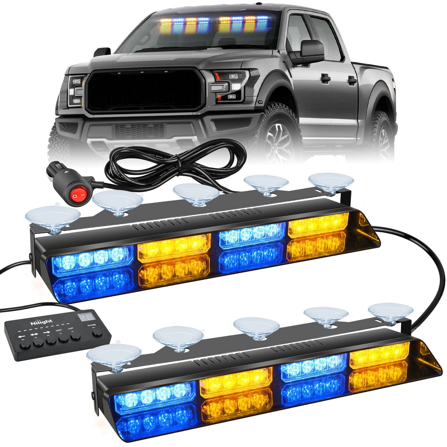 32LED Amber Blue Emergency Dash Strobe Lights with Controller Suction Cups Headlights - Top Tuning Boost