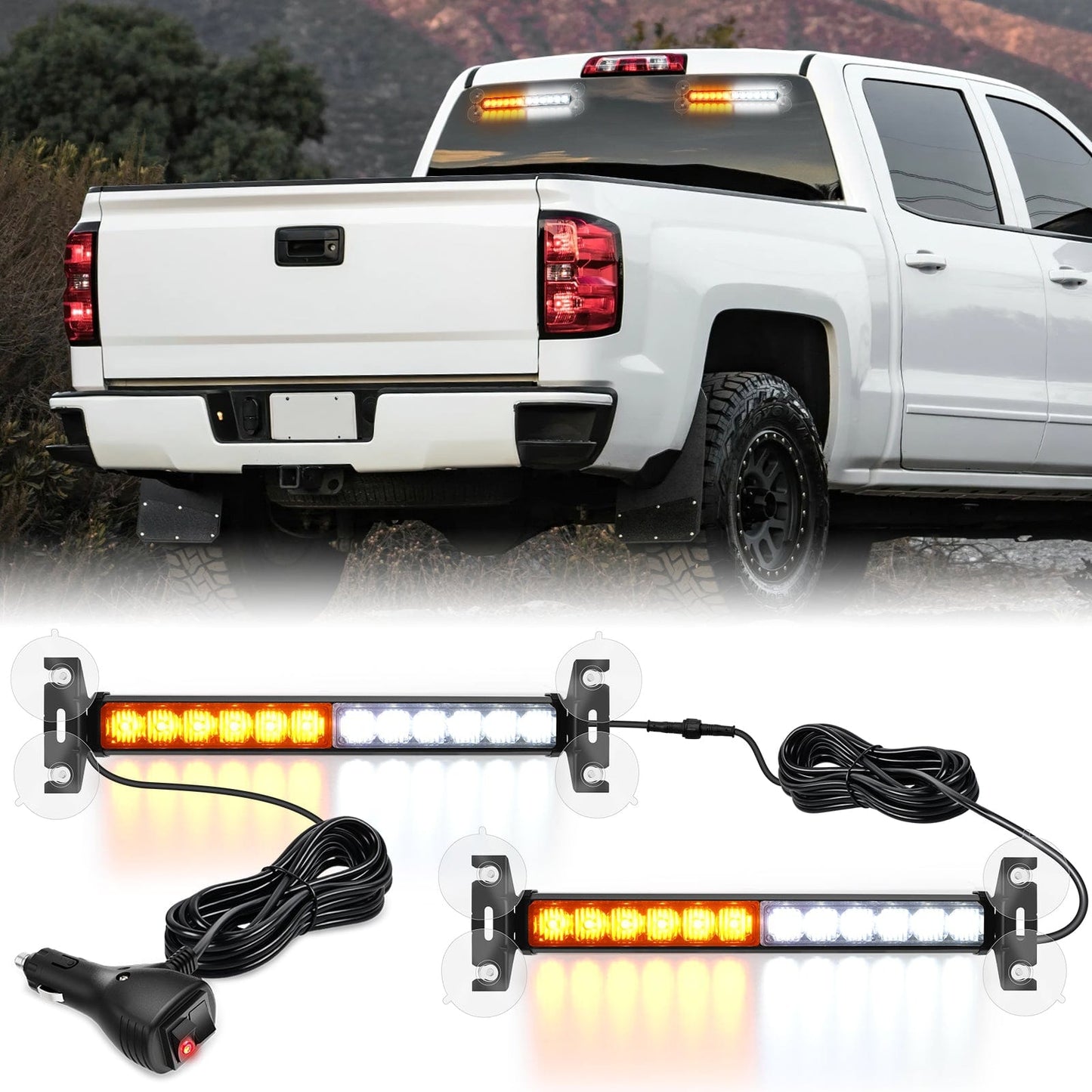 24LED Emergency Strobe Traffic Advisor Light Bar 2 in 1 Amber White Dash Warning Safety Flashing Lights Front/Rear Windshield Construction Lights for Trucks Cars Plow Police Vehicles Light Bars - Top Tuning Boost