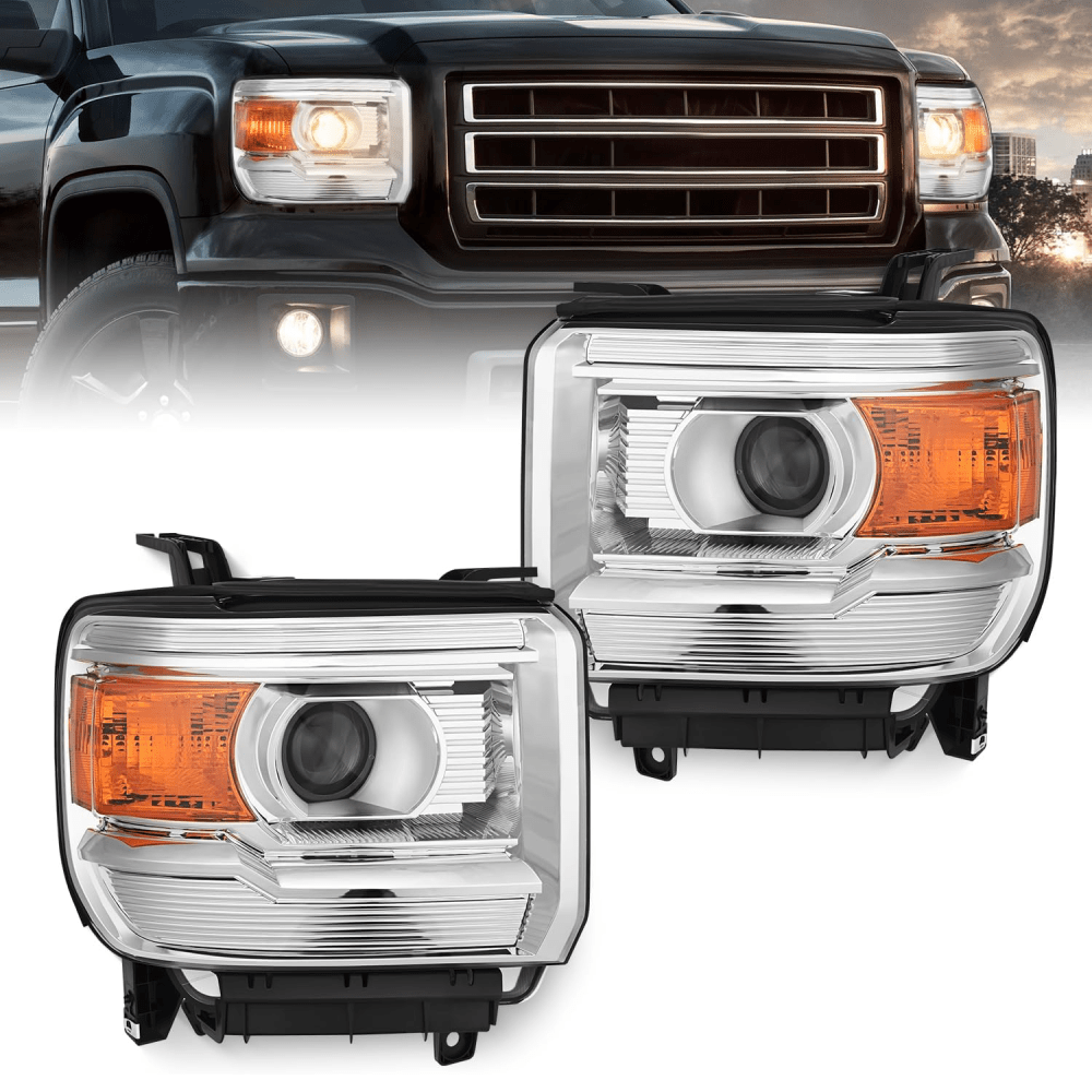 2014 2015 2016 2017 2018 GMC Sierra 1500 2500HD 3500HD Base Headlight Assembly Chrome Housing Amber Reflector Clear Lens Headlights - Top Tuning Boost
