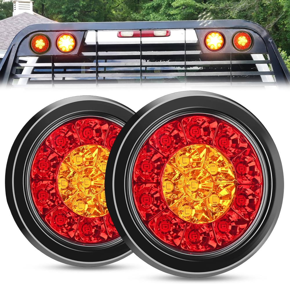4 Inch Red Amber Round 16Leds Tail Light Flush Mount Grommet (Pair) Tail Lights - Top Tuning Boost