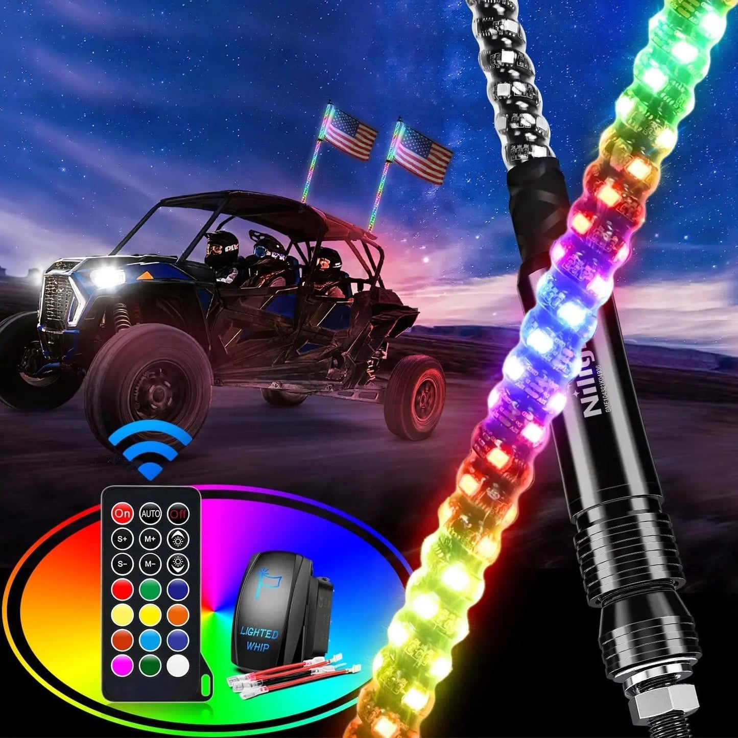 2Pcs 2FT Spiral Antenna Led Whip Light RF Remote Control | 8.6FT Wire 5Pin Switch Headlights - Top Tuning Boost