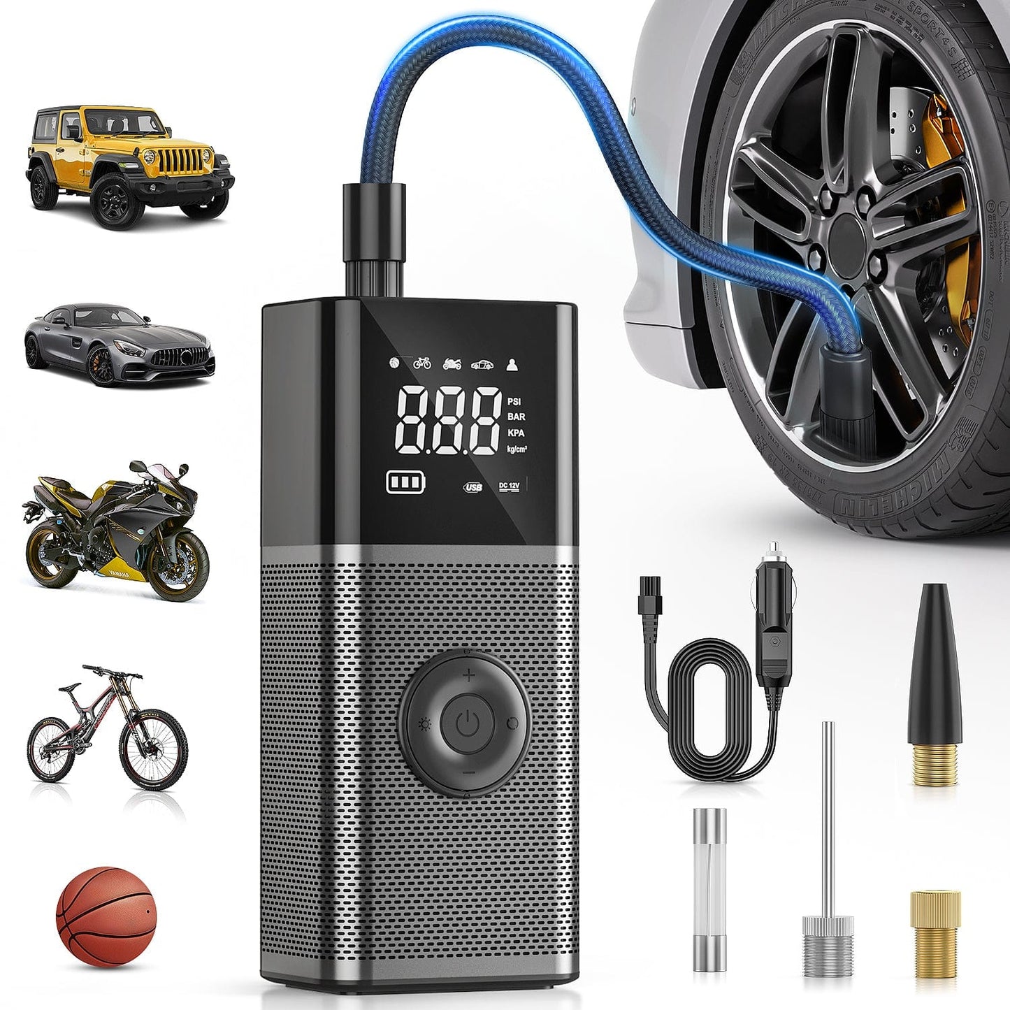 inflator Tire Inflator Portable Air Compressor Rechargeable 12VDC 150PSI Cordless Battery Cigarette Powered