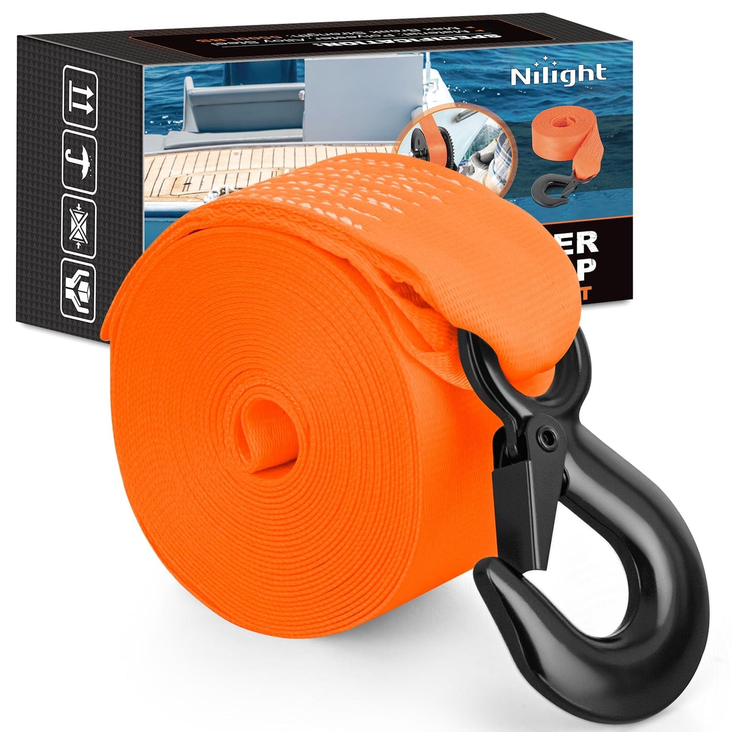 Tie Down Straps Boat Trailer Winch Strap 2 x 20Inch With Steel Hook 500 LBS Break Strength Winch Strap For Pontoon, Jet Ski, Fishing Boat