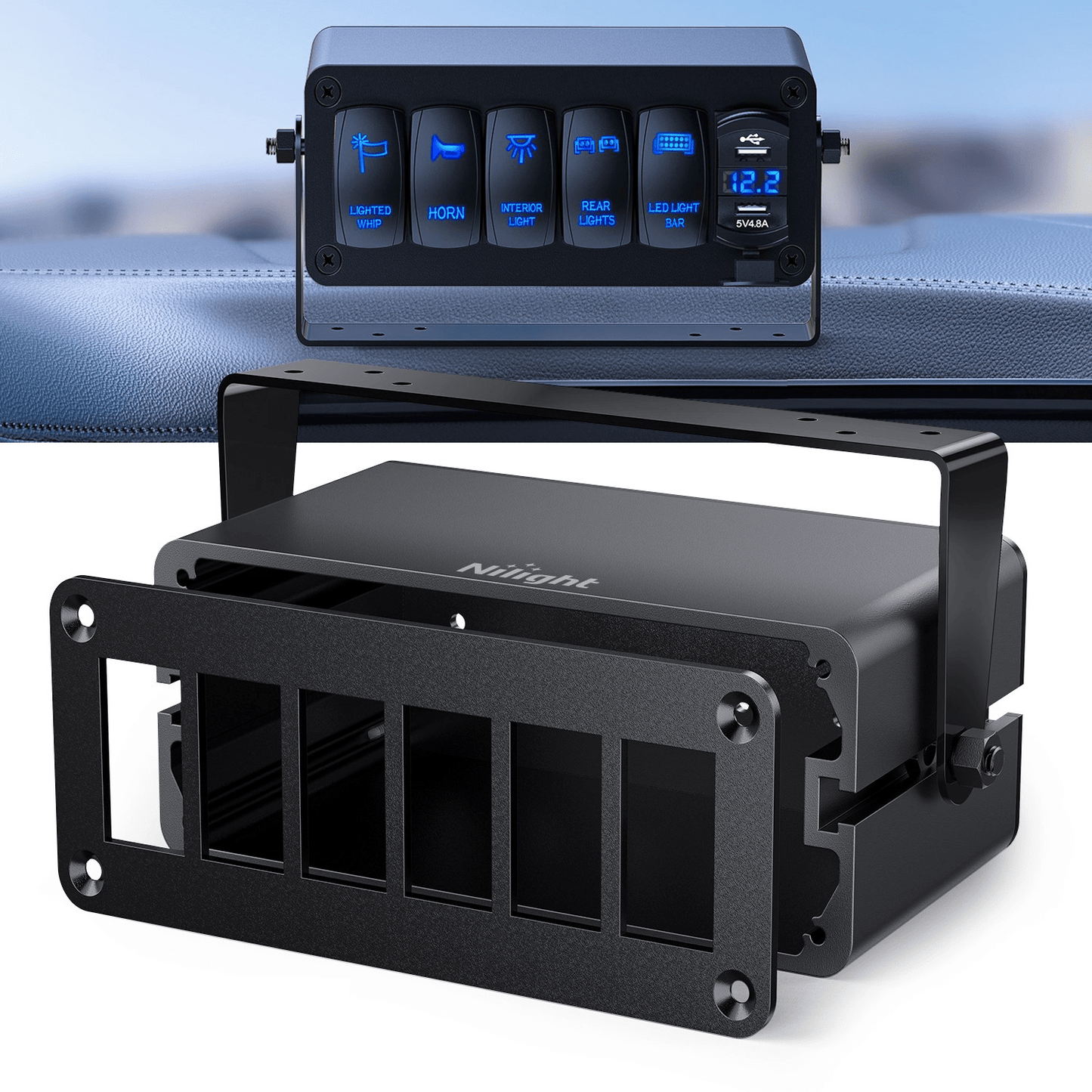 Rocker Switch 6 Gang Rocker Switch Box 6 Holes Panel Detachable Installation Housing Waterproof Aluminum Rotatable Mount Bracket 12V 24V DIY Toggle Switches Voltmeter USB Socket for Boats Cars RVs Trucks