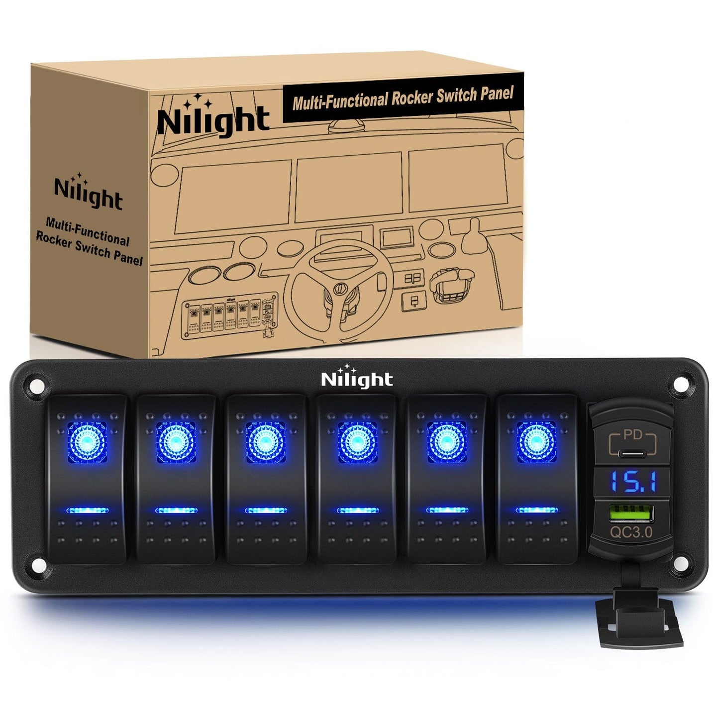 Rocker Switch 6 Gang Switch Panel With QC3.0 & PD Charger And Voltmerter with Blue Backlit