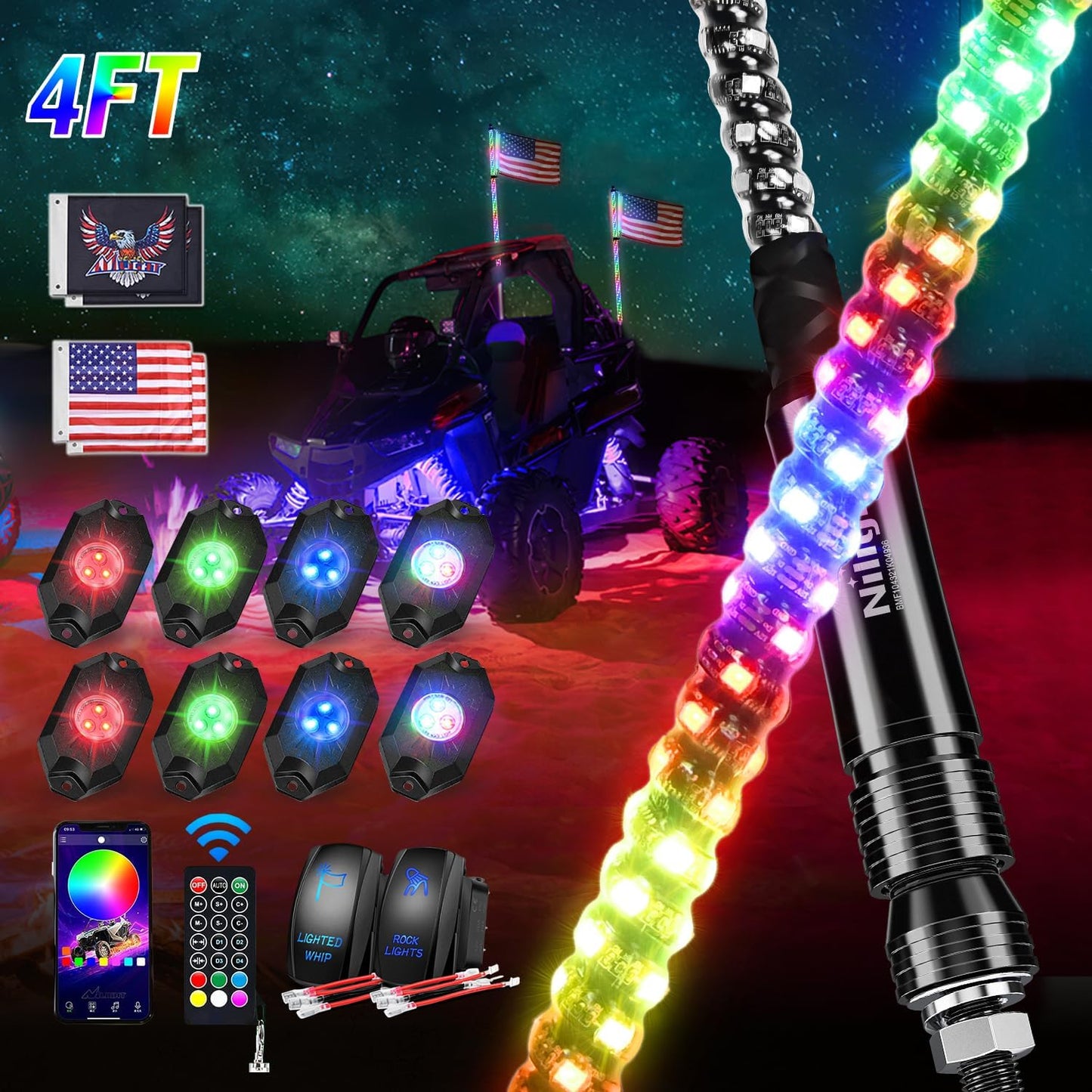 2Pcs 4FT Spiral Antenna Bluetooth Remote App Control Led Whip Light | 8Pcs RGB Rock Lights | Wire 5Pin Switch Kits Headlights - Top Tuning Boost