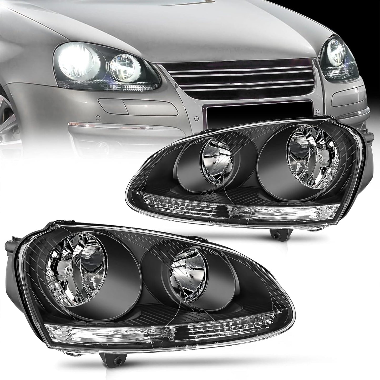 2005 2006 2007 2008 2009 2010 Volkswagen Jetta 2006 2007 2008 2009 VW Rabbit GTI Headlight Assembly Black Housing Clear Reflector Headlights - Top Tuning Boost