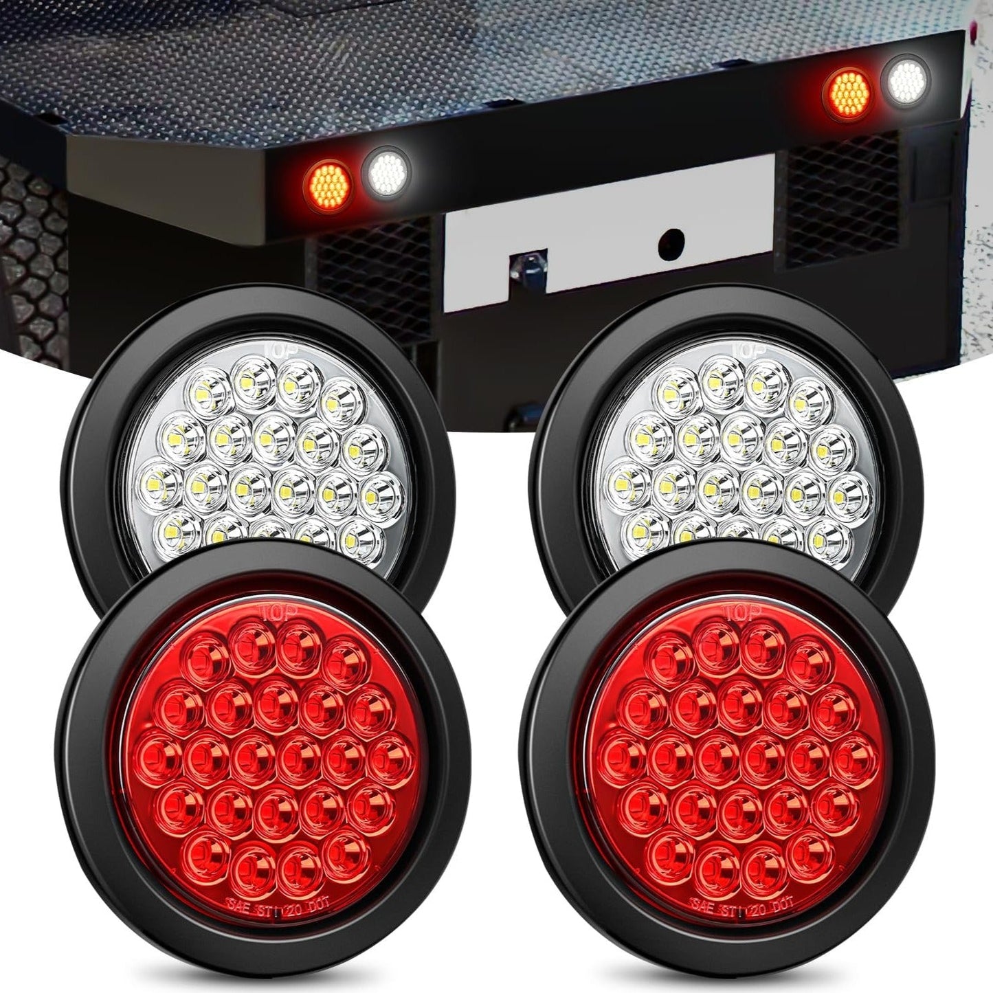 4 Inch White Red Round 24Leds Tail Light Flush Mount Grommets 4Pcs Tail Lights - Top Tuning Boost