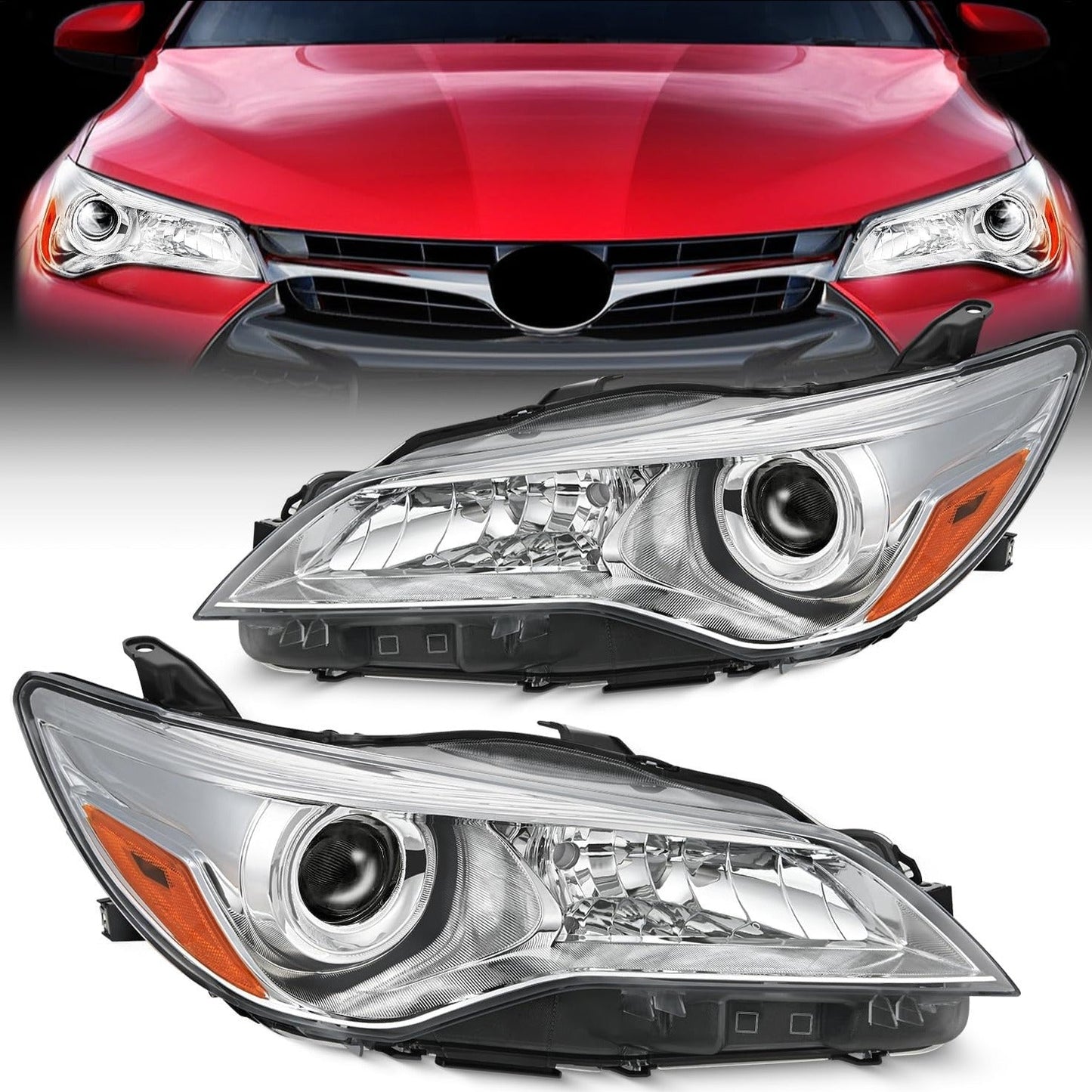 2015 2016 2017 LE SE XLE Toyota Camry Headlight Assembly Chrome Housing Amber Reflector Clear Lens Headlights - Top Tuning Boost