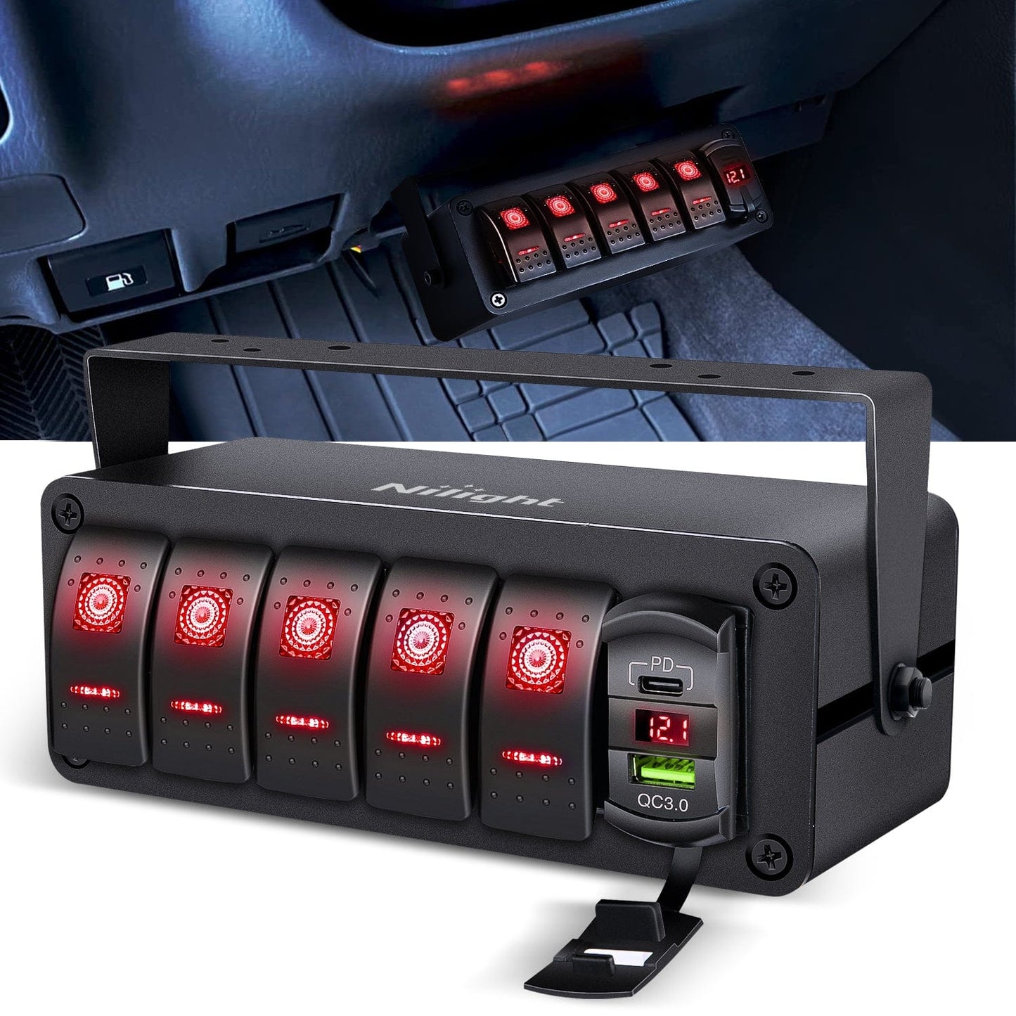 Rocker Switch 5Gang Aluminum ON/Off Rocker Switch Box w/ QC 3.0 Dual USB Charger Voltmeter with Red Backlit