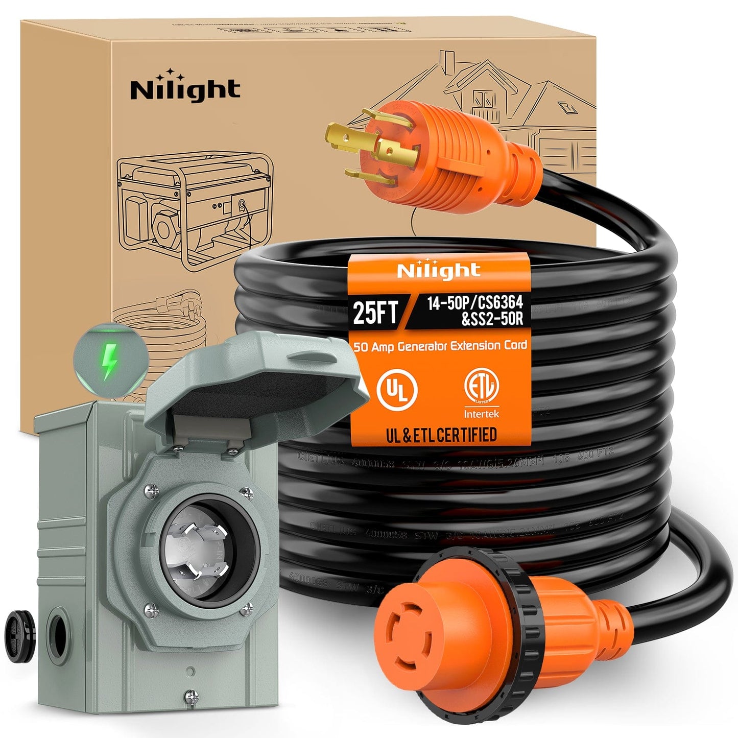 RV Parts 30A 25FT Generator Extension Cord Power Inlet Box with Locking Connector 125/250V 7500W 10 Gauge STW ETL Listed 4 Prong L14-30P L14-30R Cable for Generator RV Outdoor Use
