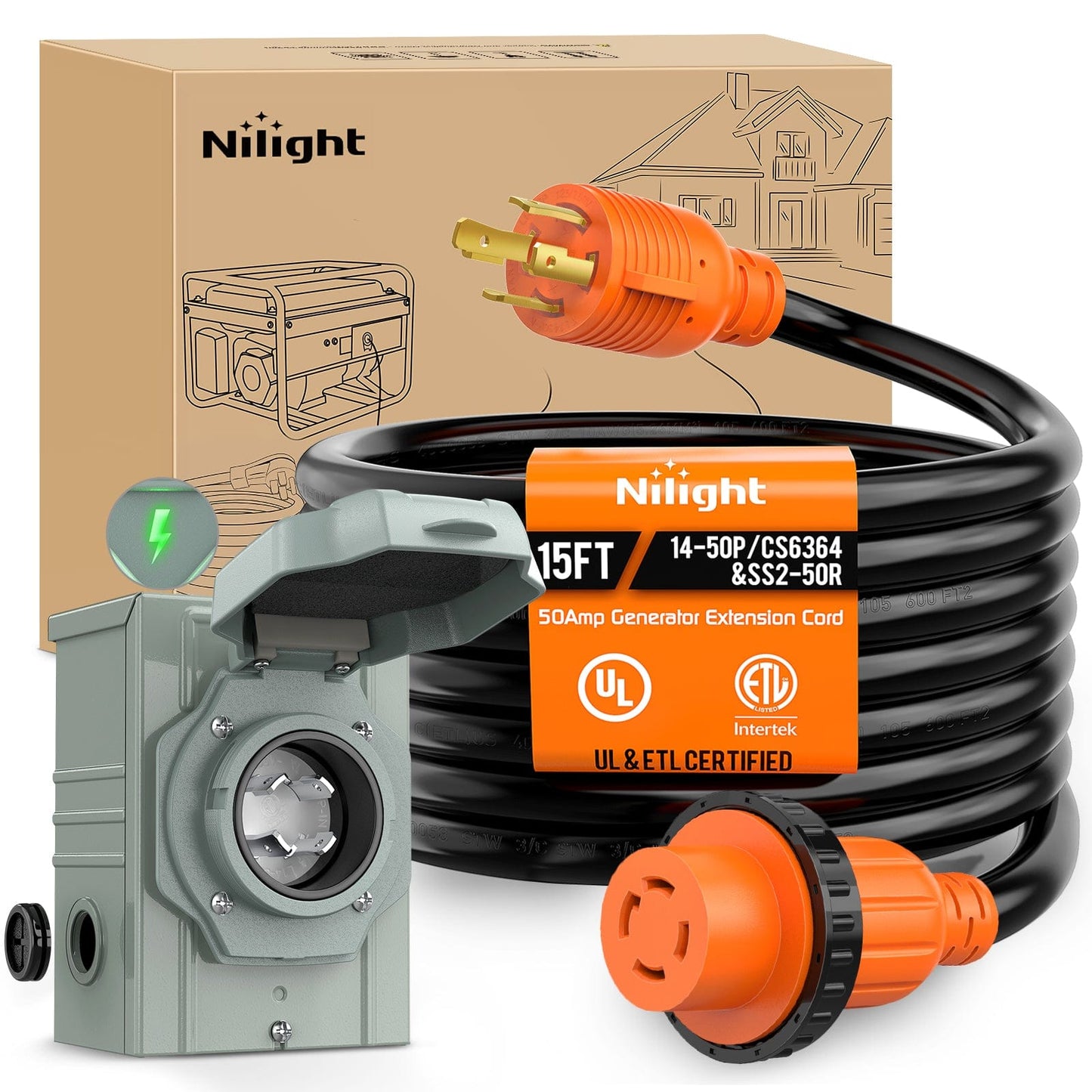 RV Parts 30A 15FT Generator Extension Cord Power Inlet Box with Locking Connector 125/250V 7500W 10 Gauge STW ETL Listed 4 Prong L14-30P L14-30R Cable for RV Outdoor Use