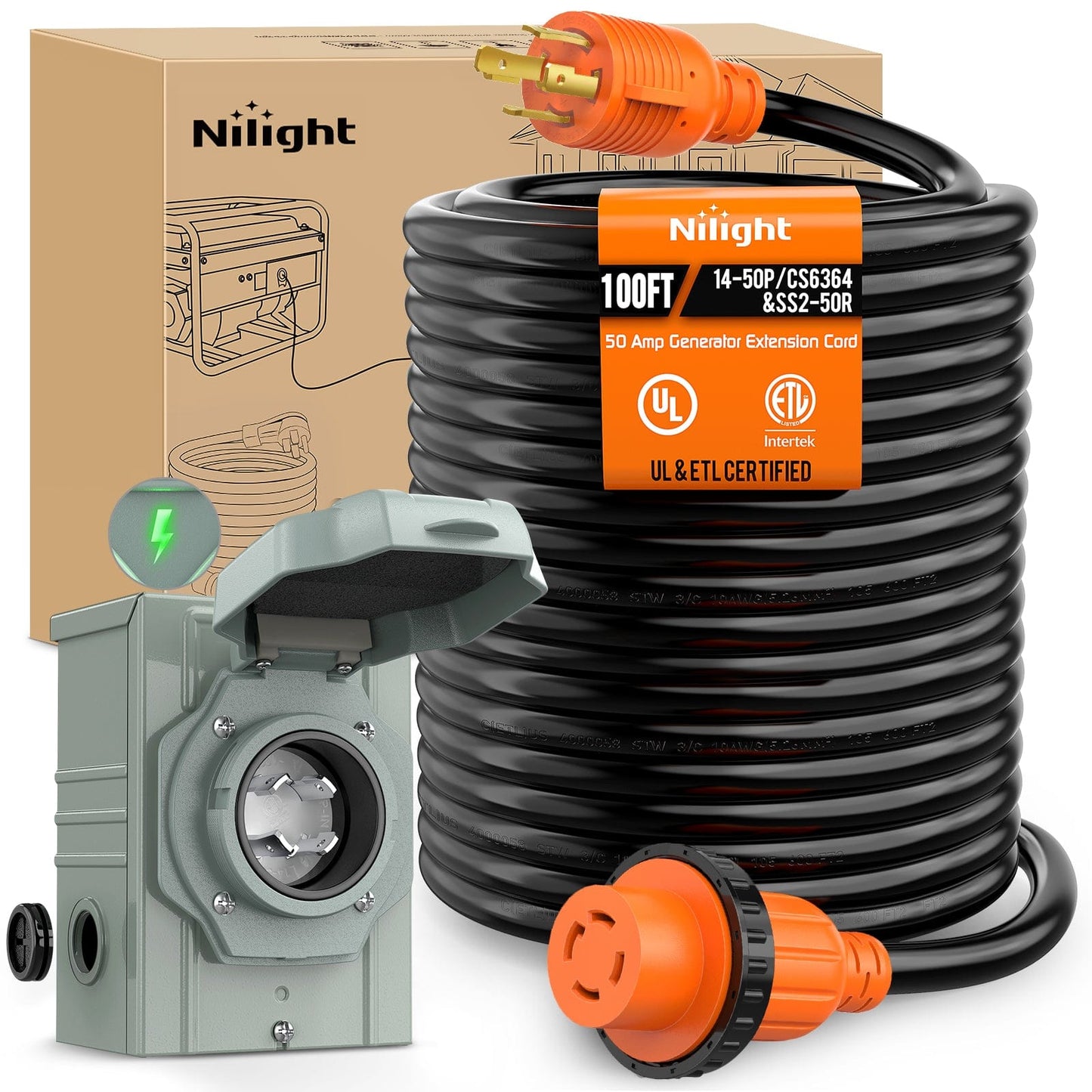 RV Parts 30A 100FT Generator Extension Cord Power Inlet Box with Locking Connector 125/250V 7500W 10 Gauge STW ETL Listed 4 Prong L14-30P L14-30R Cable for RV Outdoor Use