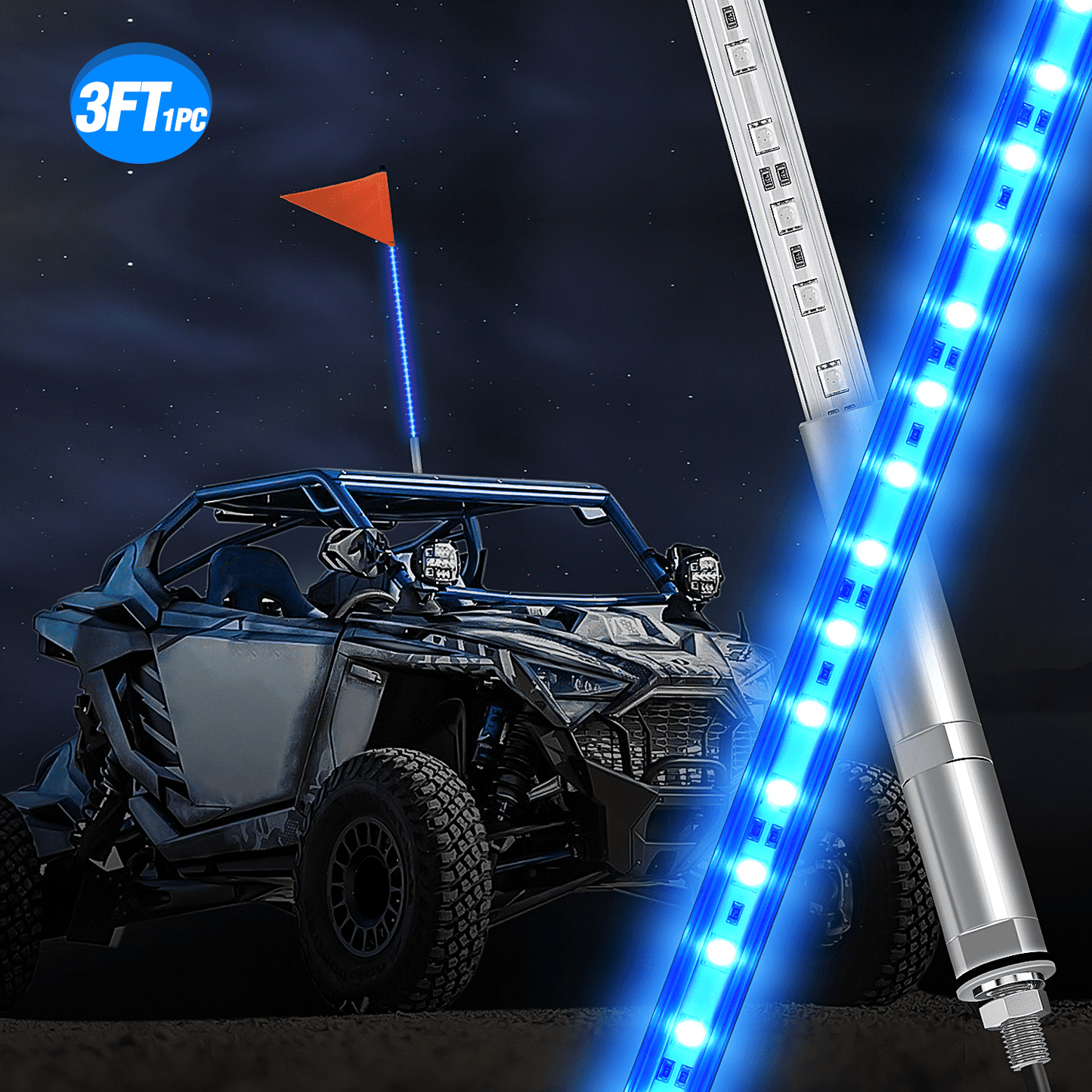 3FT LED Blue Whip Light with Aluminum Base Blue Color Headlights - Top Tuning Boost