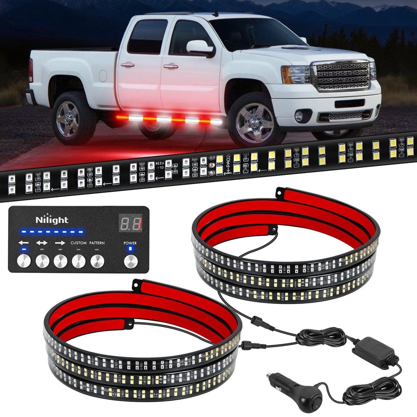 2PCS 70 Inch Emergency Strobe Light Strip with Controller 864 LED Red White Running Board Lights Flexible Side Flashing Warning Caution Safety Waterproof for Truck Construction Pickup Headlights - Top Tuning Boost
