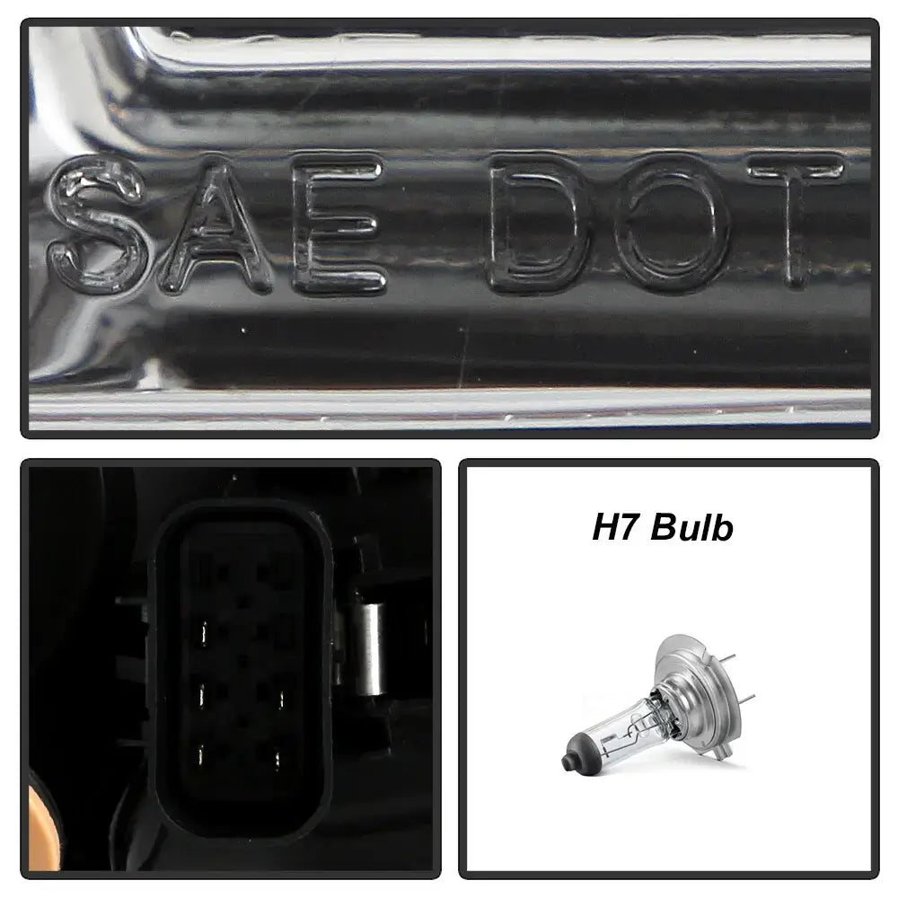 Component details for 2014-2015 GMC Sierra 1500 and 15-19 2500HD/3500HD headlights: SAE DOT markings, 8-pin connector, and H7 bulb.