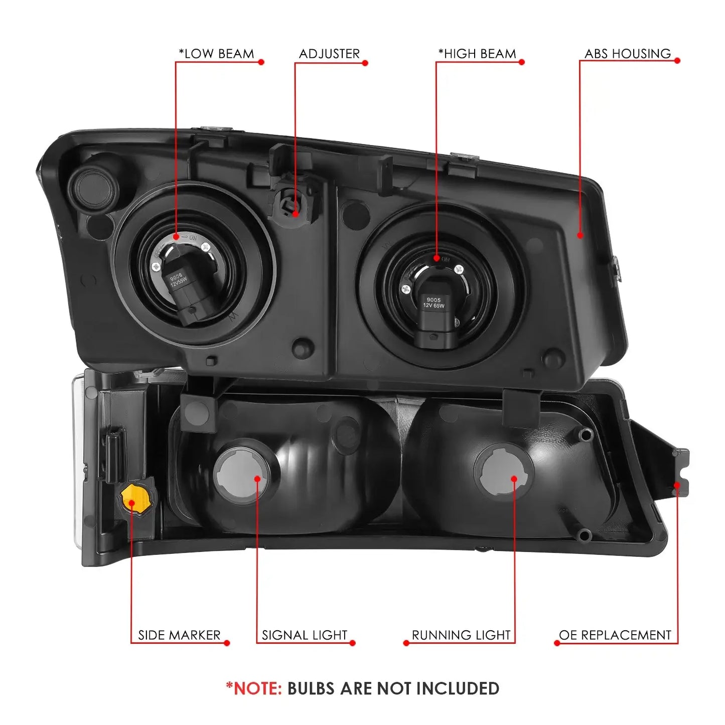 Back view of Silverado replacement headlight assembly showing bulb sockets and mounting points