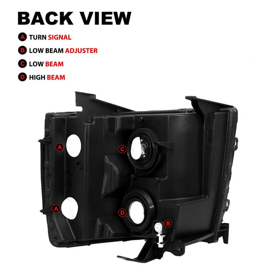 Back view of Silverado headlight showing turn signal, low beam, high beam sockets and beam adjuster locations