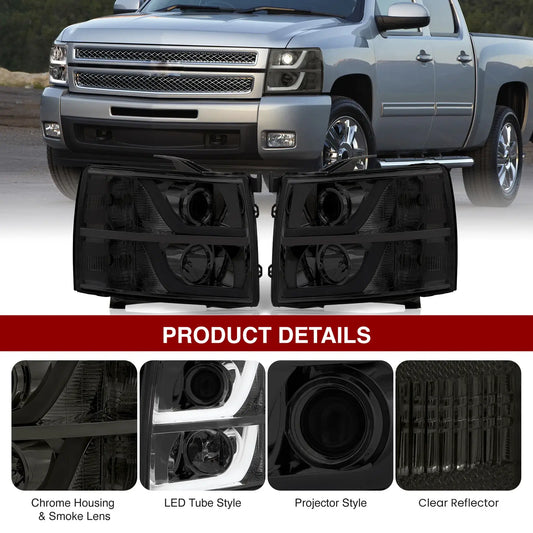 2007–2014 Silverado tinted LED DRL projector headlight pair with chrome housing and smoke lens showing product details