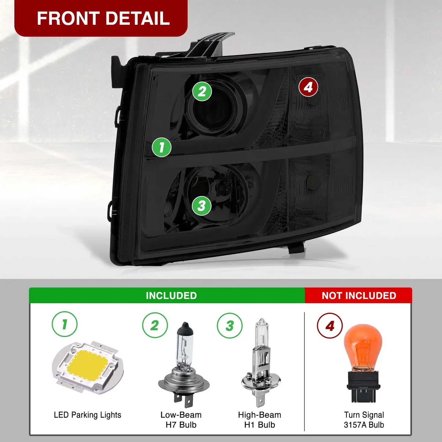 Front detail view of Silverado projector headlight showing included LED parking lights, H7 low beam, H1 high beam bulbs and turn signal location