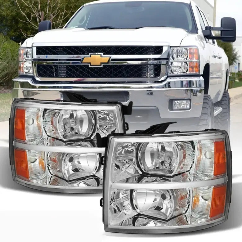 2007-2013 Chevy Silverado 1500 2500 3500 chrome headlight assembly pair front view