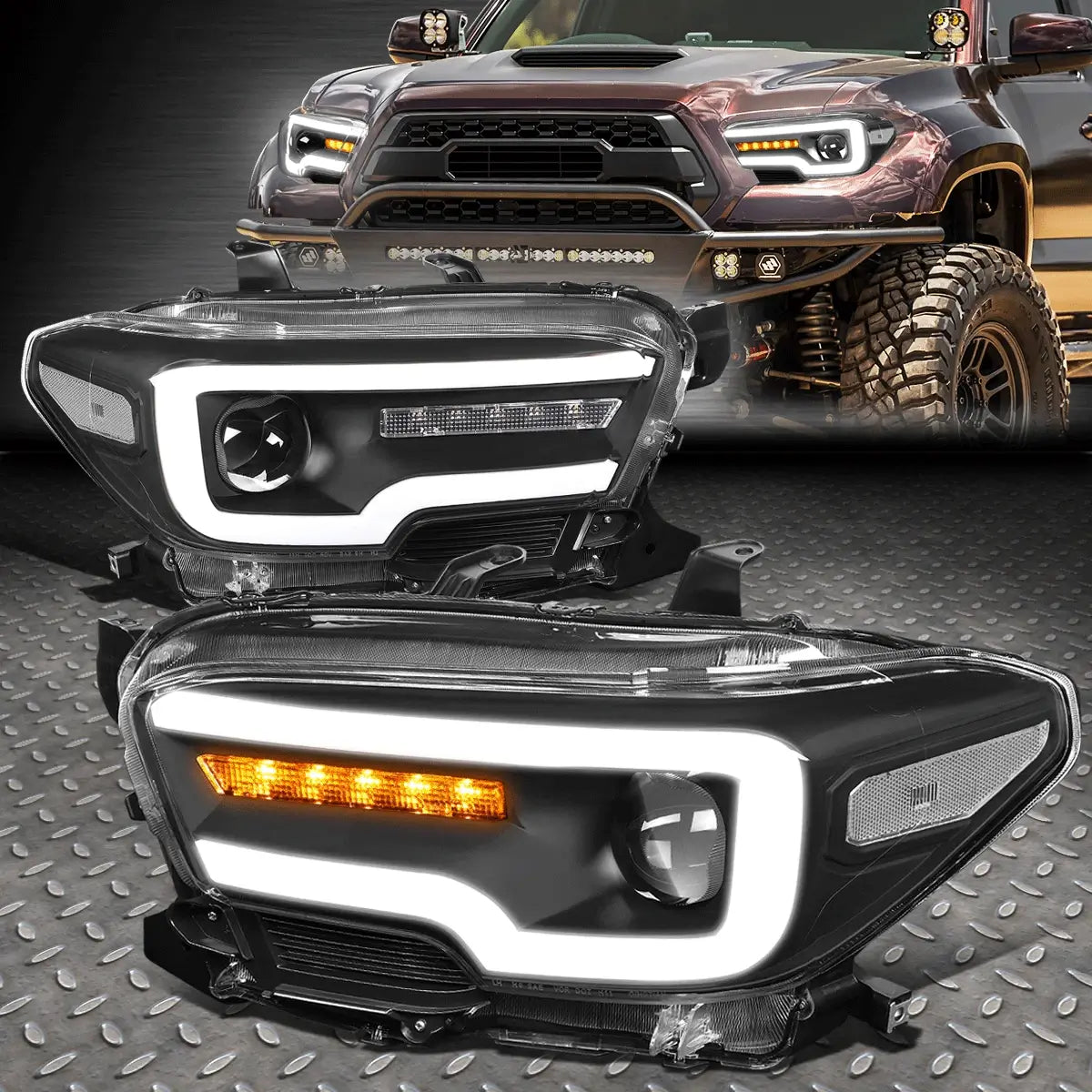 2016-2020 Toyota Tacoma OE-Style Sequential LED DRL Projector Headlight Pair – Black Housing Clear Lens