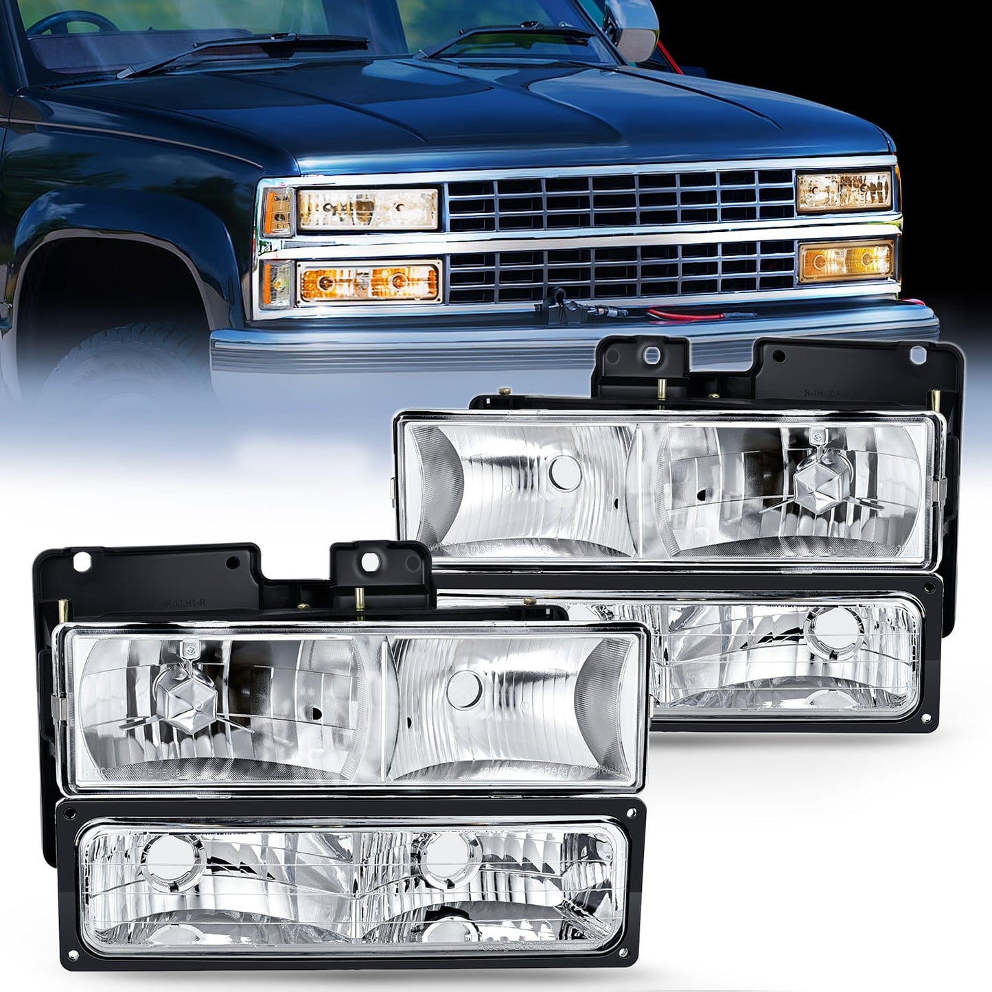 1988 1989 1990 1991 1992 1993 1994 1995 1996 1997 Chevrolet GMC C10 C/K 1988-1999 Silverado Suburban Sierra Blazer Tahoe Yukon Headlight Assembly Chrome Housing Headlights - Top Tuning Boost