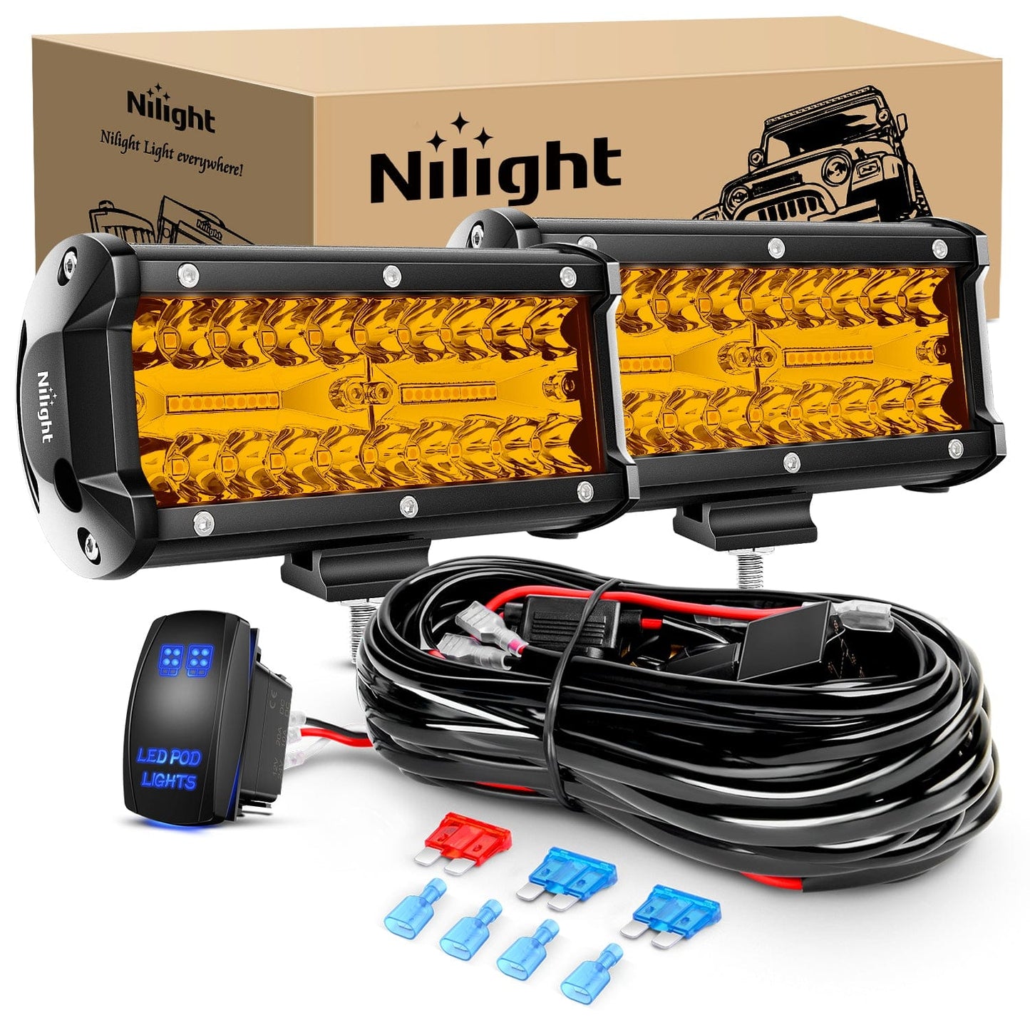 2PCS 6.5Inch Amber 120W Led Light Bar with 16AWG 5Pin Rocker Switch Wiring Harness Kit 2 Leads Light Bars - Top Tuning Boost