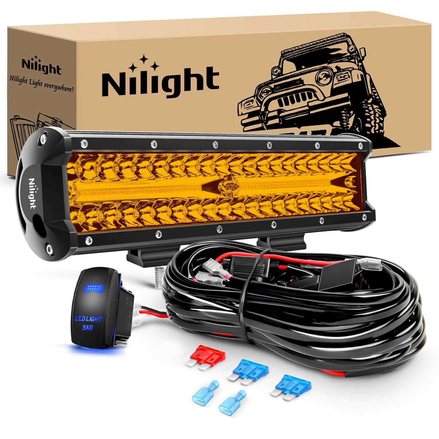 12Inch Amber 300W Triple Row Led Light Bar with 16AWG 5Pin Rocker Switch Wiring Harness Kit 1 Lead Light Bars - Top Tuning Boost