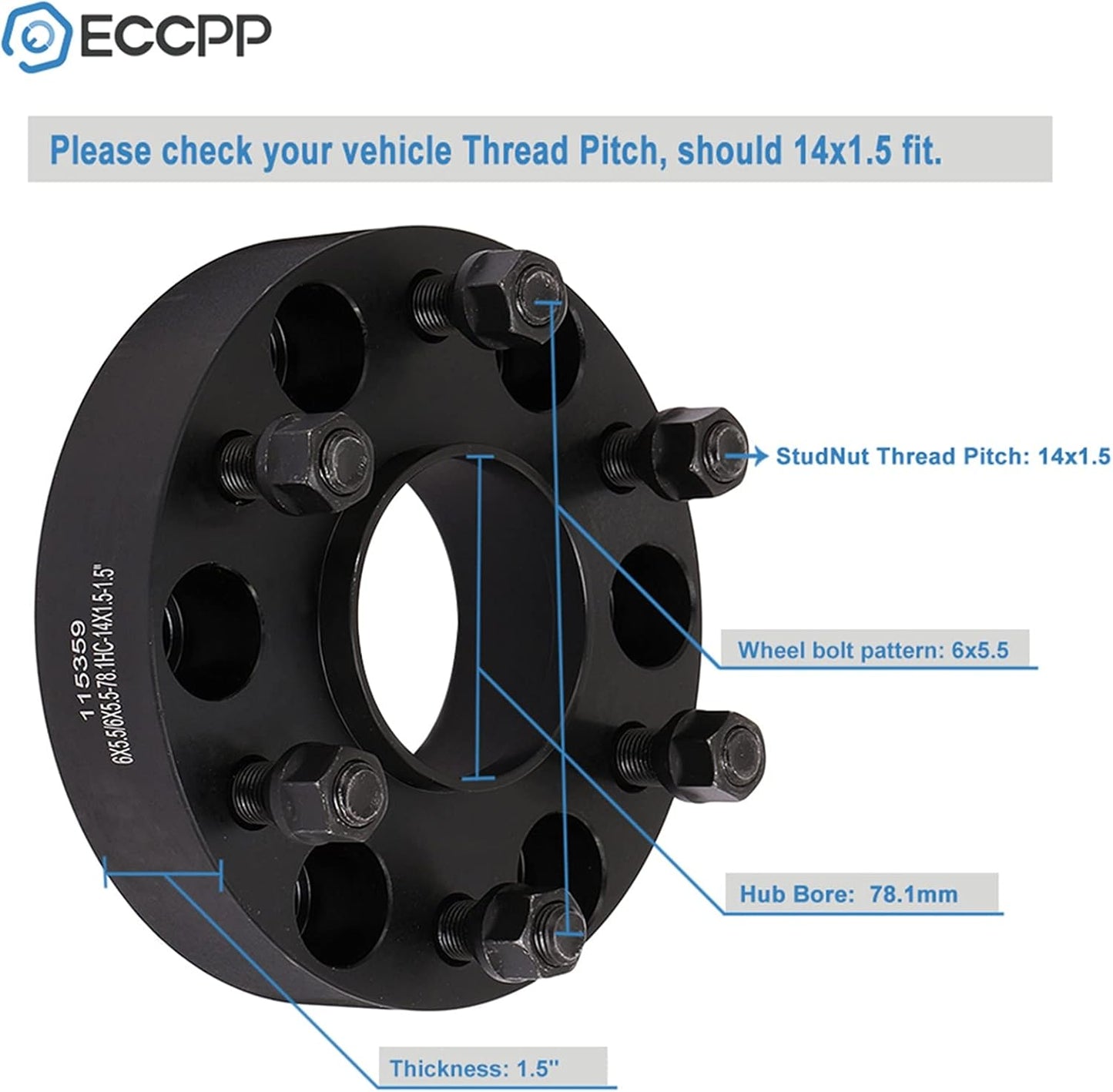 2PCS 6 Lug Hub Centric Wheel Spacers 1.5 inch 6x5.5 to 6x5.5 6x139.7mm to 6x139.7mm fit Chevrolet Silverado 1500 fit Chevrolet Suburban Avalanche Express 1500 Tahoe with 14x1.5 Studs