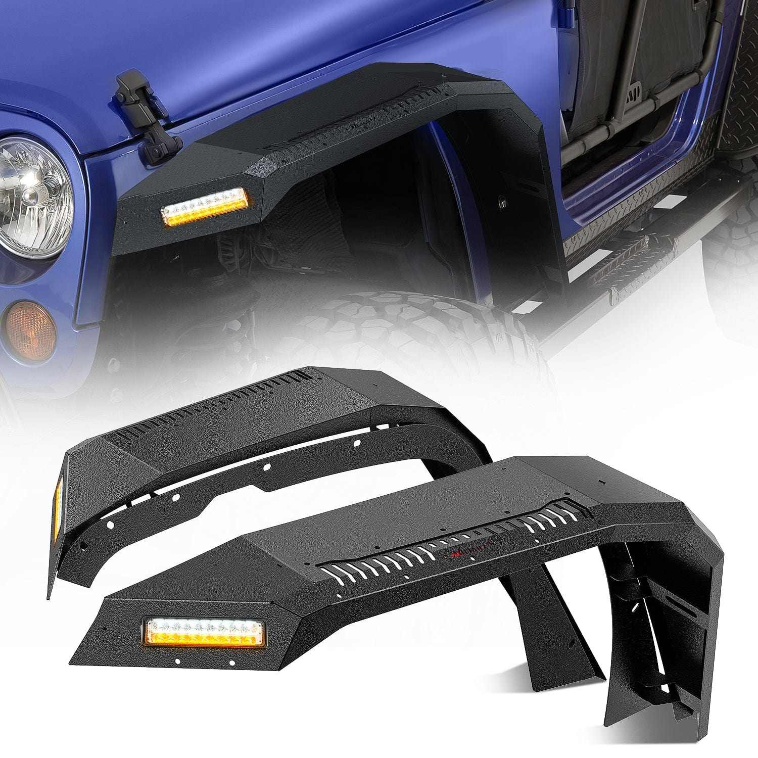 2007 2008 2009 2010 2011 2012 2013 2014 2015 2016 2017 2018 Jeep Wrangler JK 2/4 Door Wide Flat Front Fender Flares w/LED Lights Turn Signal Lights DRL Headlights - Top Tuning Boost